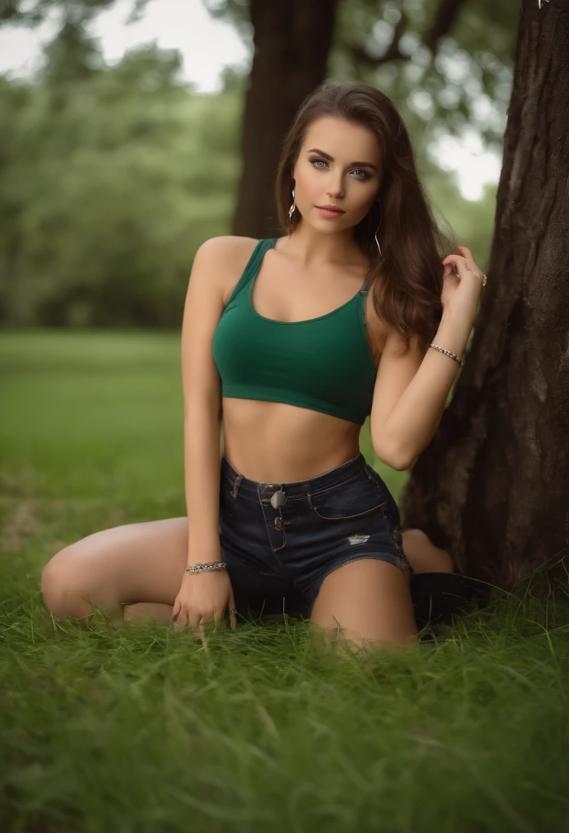 arafed woman with a red tank top and a necklace, lying on the grass, sexy girl with green eyes, portrait sophie mudd, mischievous smile, brown hair and large eyes, selfie of a young woman, bedroom eyes, violet myers, without makeup, natural makeup, looking directly at the camera, face with artgram, subtle makeup, stunning full body shot, piercing green eyes, beautiful angle, attractive pose, cute girl, sexy pose, full body picture, full body, full body shoot, brunette goddess, high detail, satisfied pose, wearing grey green and boots, skirt, boots