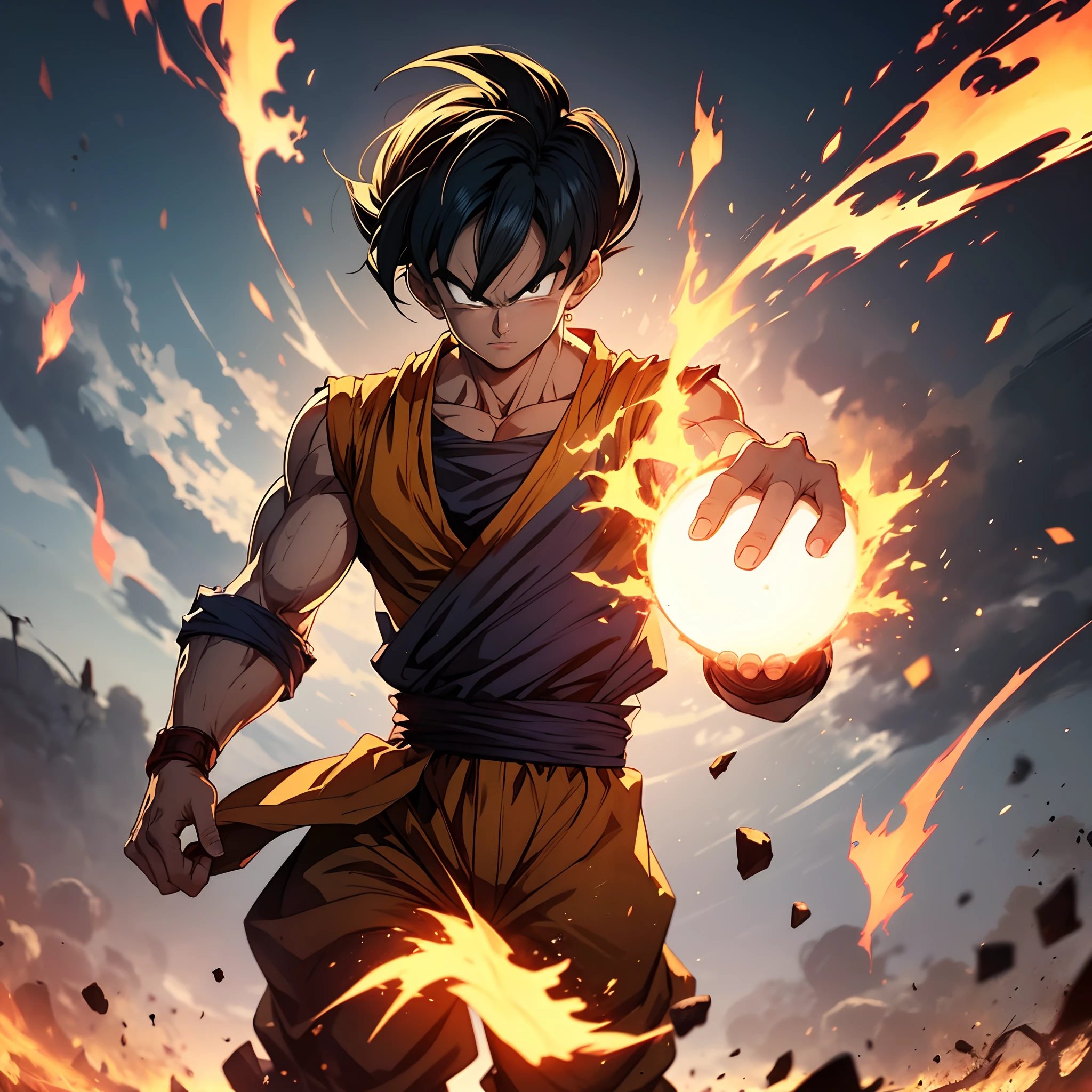 Let's create Goku with fire features, Fuego, A Saiyan with fiery flames and pyrotechnic skills, con un aura de fuego.