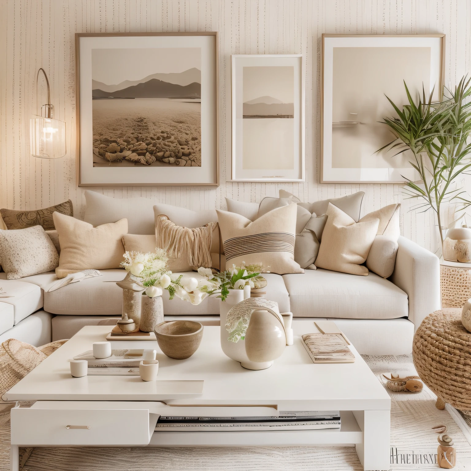 a white living room with a couch, coffee table and pictures on the wall, serene and peaceful style, natural muted tones, natural light in room, minimalistic and beautiful, cream and white color scheme, modern earthy neutral earthy, soft ambient lighting, brown and white color scheme, light cream and white colors, with backdrop of natural light, boho neutral colors