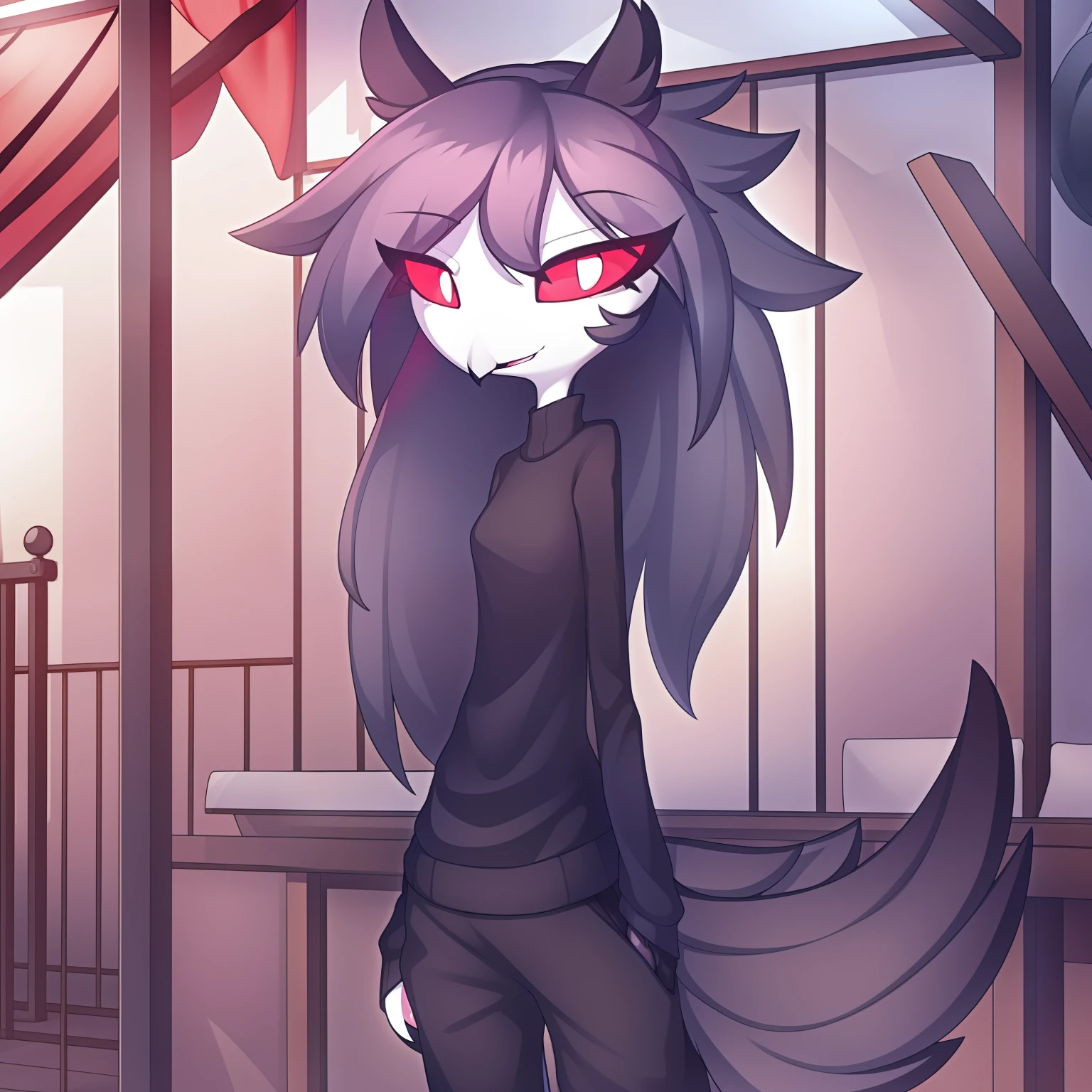 by zinfyu, detailed background, octavia \(helluva boss\), owl demon, grey body, red sclera, white eyes, white face, tail feathers, octaviagoetia, female, solo, octaviasweater, black sweater, sweatpants