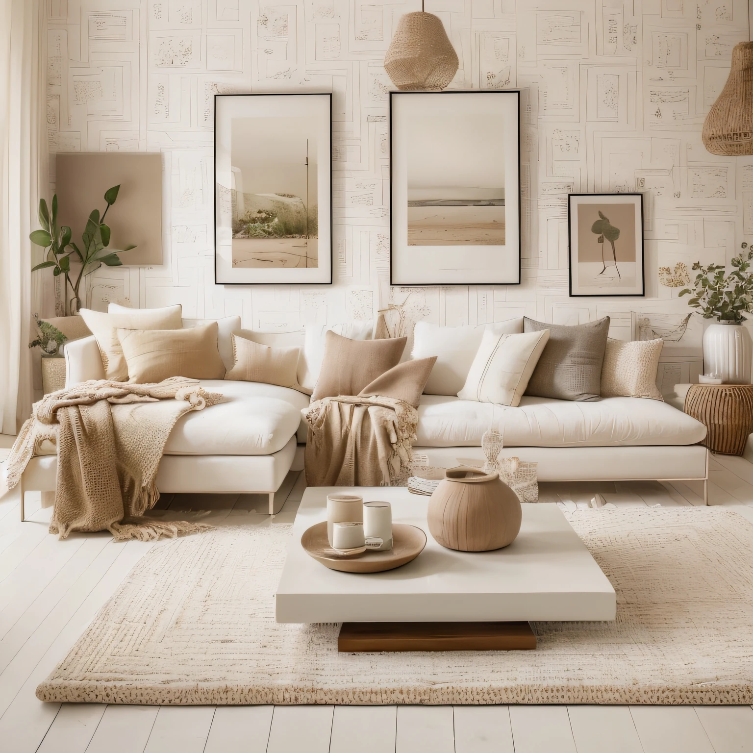 a white living room with a couch, coffee table and pictures on the wall, serene and peaceful style, natural muted tones, natural light in room, minimalistic and beautiful, cream and white color scheme, modern earthy neutral earthy, soft ambient lighting, brown and white color scheme, light cream and white colors, with backdrop of natural light, boho neutral colors