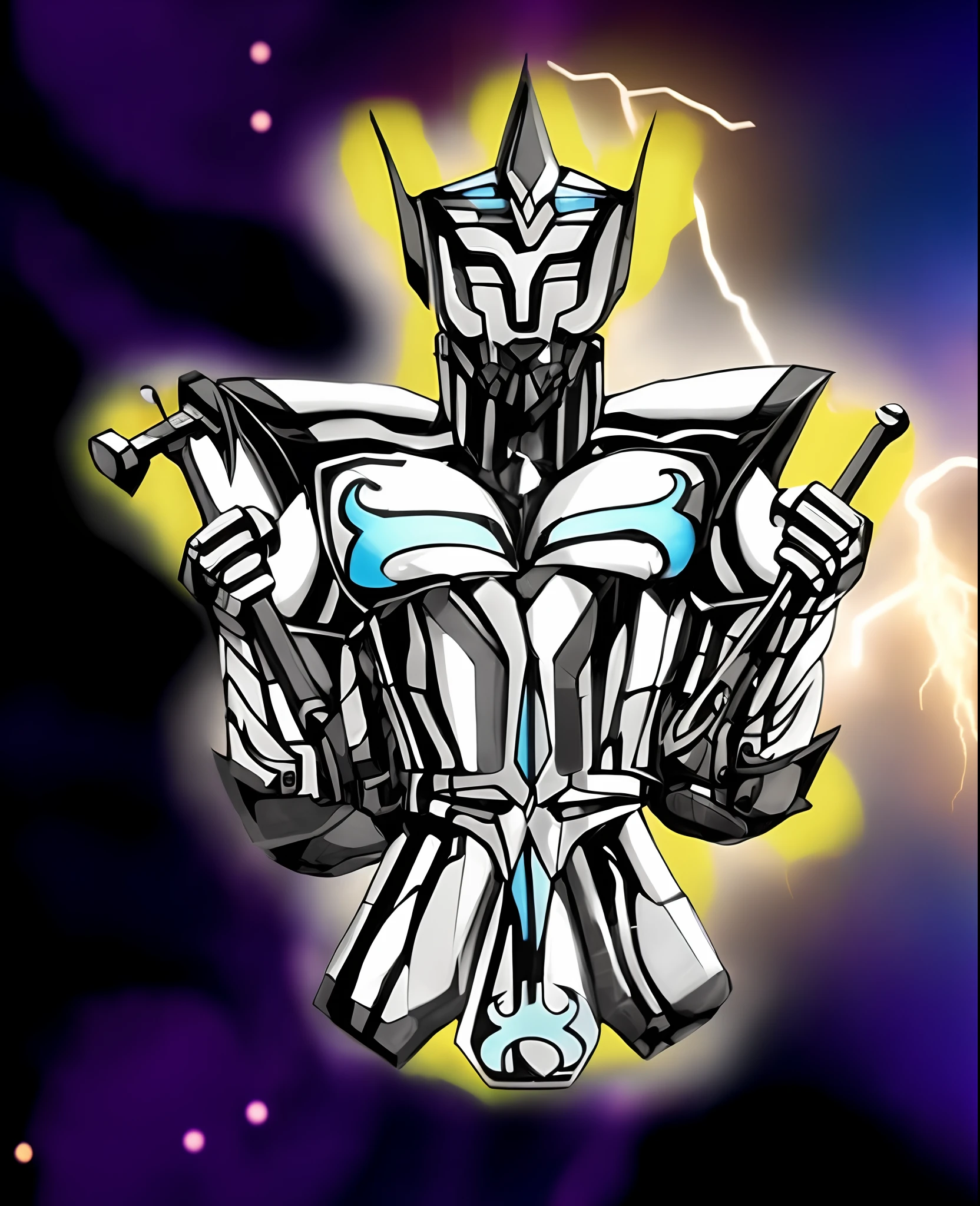 A closeup of a robot with a lightning bolt in the background, Deus grego no estilo mecha, coberto com armadura de prata completa, goth transformers, detailed cosmic angelic robot, Godrays pintura digital, robot wizard, Retrato completo de Electromancer, armadura neocubismo de metal branco, ( ( deus rei da arte ai ) ), fan art, deus rei da arte ai, upscale