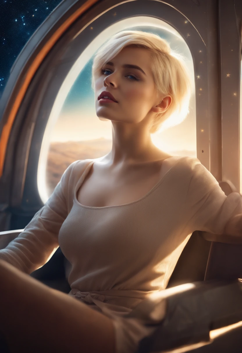 (a sexy young blonde girl with short hair, wearing light clothing, sitting on a seat in a spaceship, and the window may show beautiful stars and galaxies), (best quality, highres, sharp focus), sci-fi, portraits, vibrant colors, soft lighting