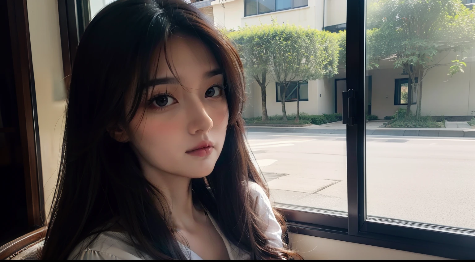 best qualtiy,A high resolution,Masterpiece,1 beautiful woman,Sit in front of the window,Look out the window,long whitr hair,Refined face,Deep eyes,sideface,Detailed screen,真实感,photore,on focus
