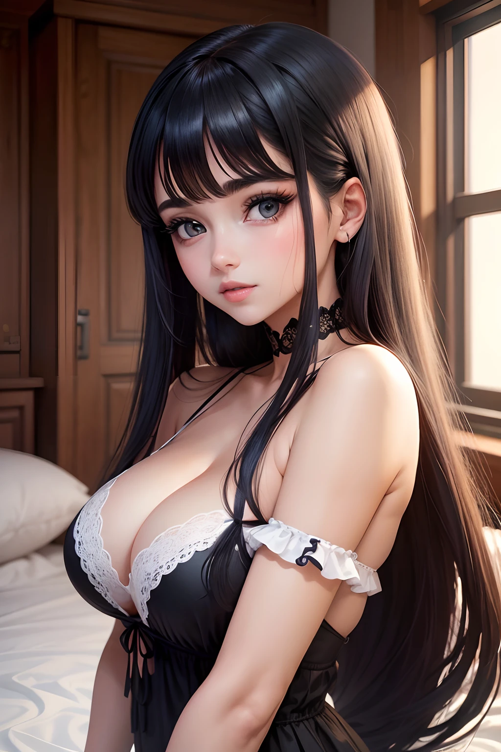 garota linda, anos,estilo anime,olhos grandes azuis,cabelo loiro ondulodo,com franja,seios grandes,esbelta,deitada na cama