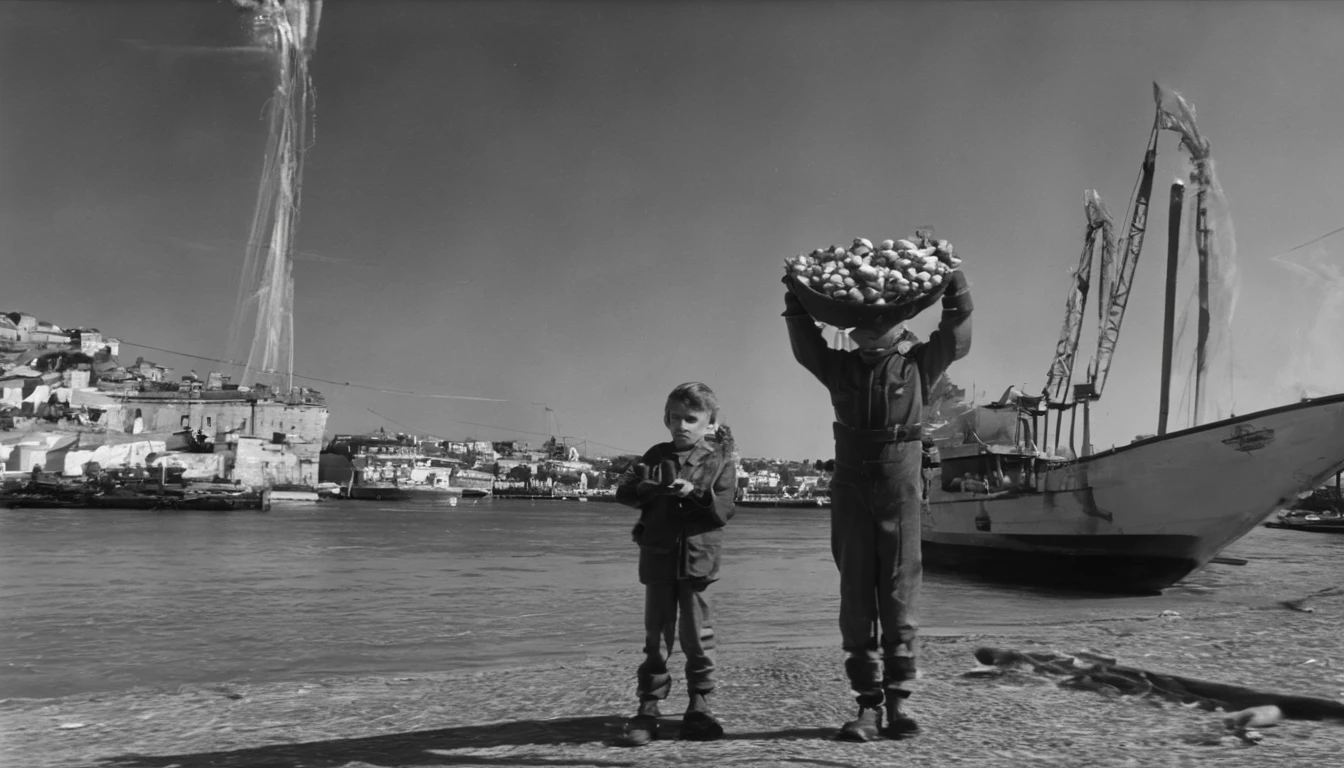 an old black and white photo of a poor white 12yo boy stand up holding box of nuts and selling nuts and waving with his hands in algeria boat port waving with his hand, dirty clouths ,1948, real-life photograph, french architecture, provia, security agent, vignette, small of people, real, large frame