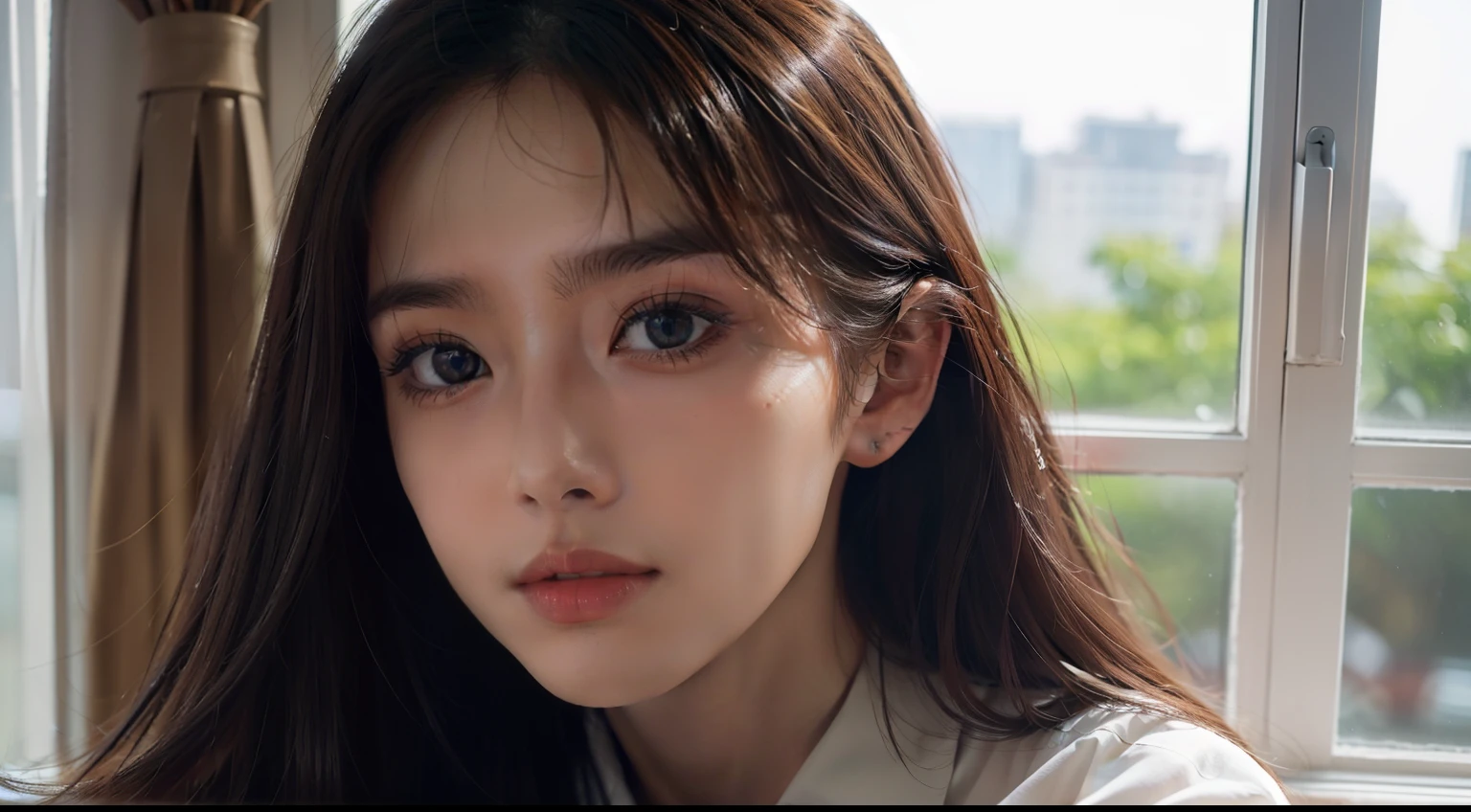 best qualtiy,A high resolution,Masterpiece,1 beautiful woman,Sit in front of the window,Look out the window,long whitr hair,Refined face,Deep eyes,sideface,detailed detail,真实感,photore,on focus