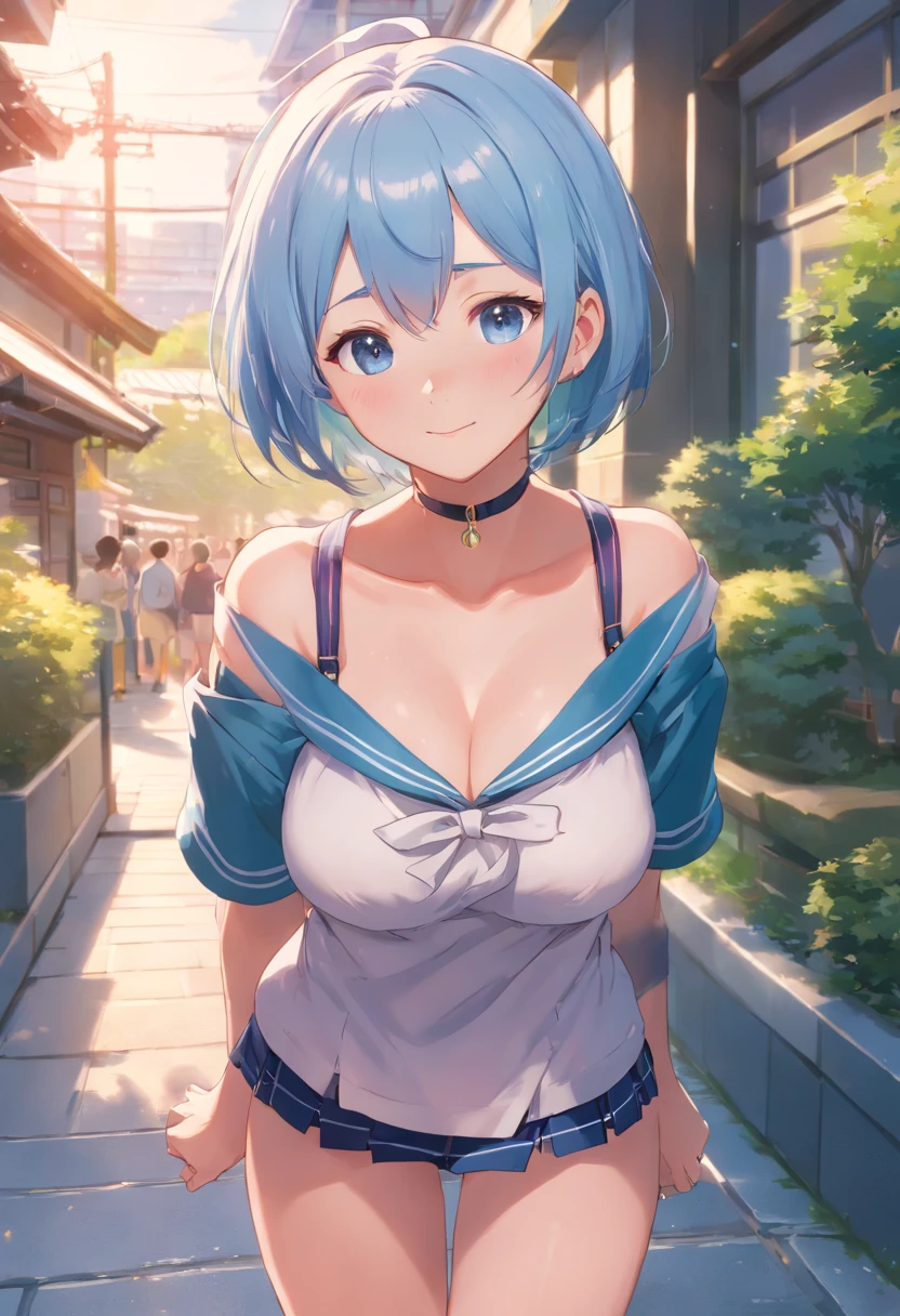 The chest is particularly large, schoolgirl, sailor school uniform, Japanese schoolgirl,
smiling, ((blushing)), close-up, pov, focused in face and chest, (Masterpiece, Top quality, Perfect anatomy, Beautiful face, Realistic, Super detailed, 1 girl, 18 Ears of Old Age solo, Depth of field, Canon 24mm lens, F1.4, Cute_Girl, neck choker, Clear facial features,, large breasts, huge breasts, Slender height, 180cm tall, Barefoot, short light blue hair, blue eyes , Gravure pose, indoor, city park Blurred background, (uwabaki: 1.1576), flashing boobs, showing boobs, showing chest,