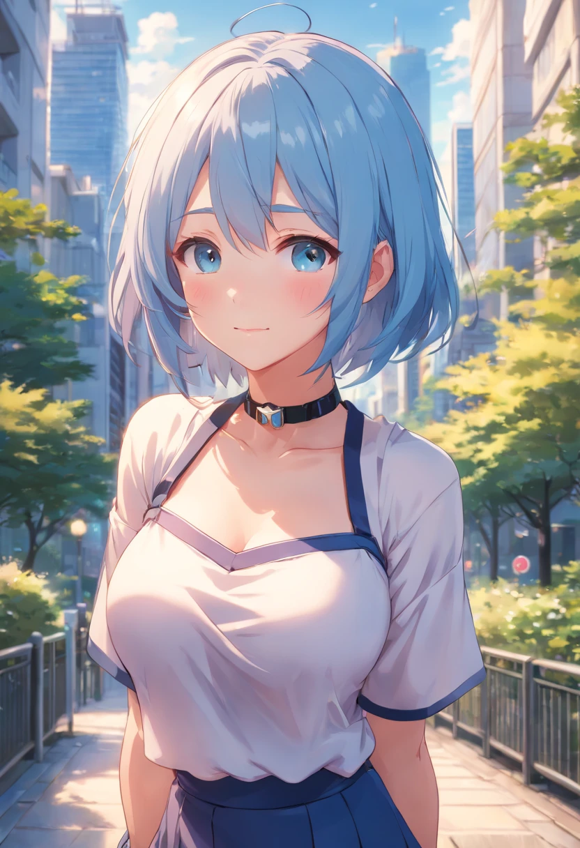 The chest is particularly large, schoolgirl, no clothes on, not wearing anything, sexy, naked, Japanese girl, smiling, ((blushing)), close-up, pov, focused in face and chest, (Masterpiece, Top quality, Perfect anatomy, Beautiful face, Realistic, Super detailed, 1 girl, 18 Ears of Old Age solo, Depth of field, Canon 24mm lens, F1.4, Cute_Girl, neck choker, Clear facial features,, large breasts, huge breasts, Slender height, 180cm tall, Barefoot, short light blue hair, blue eyes , Gravure pose, indoor, city park Blurred background, (uwabaki: 1.1576),