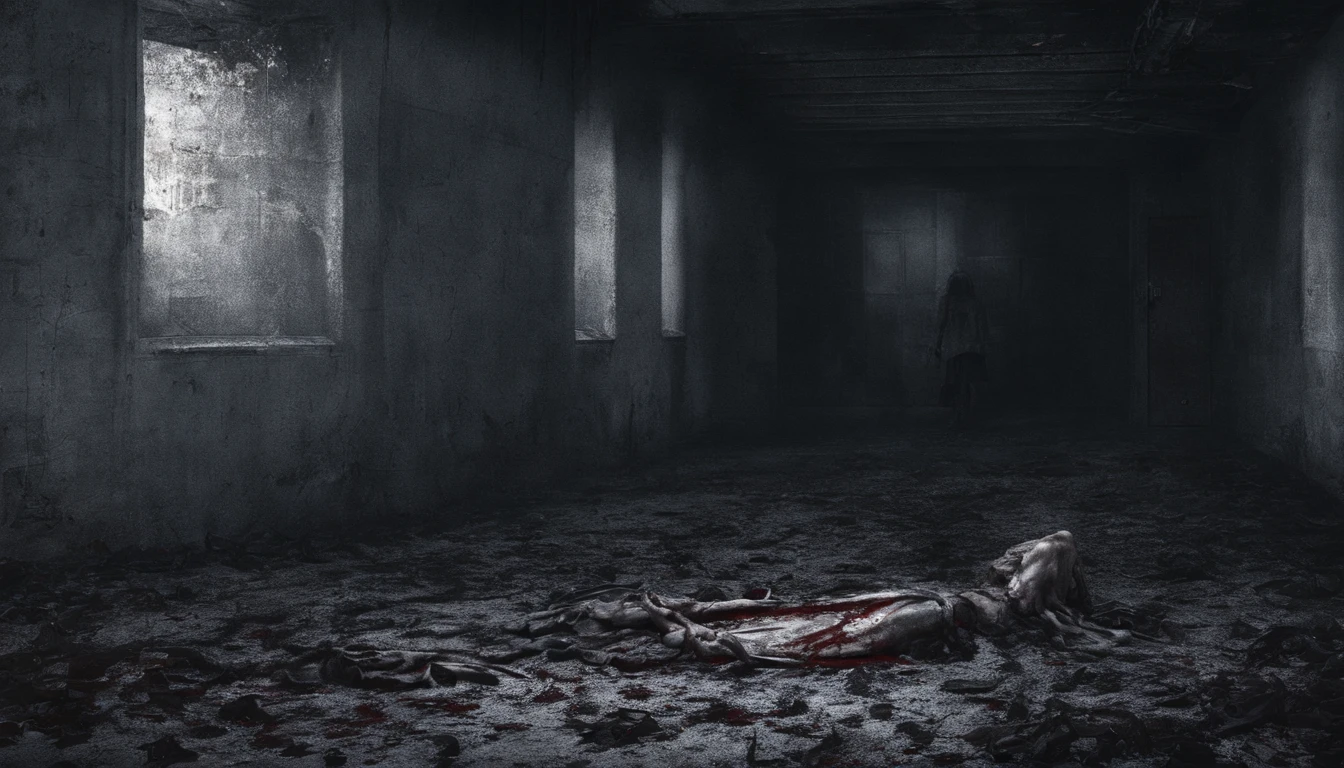 Dans un bunker sombre et sale. Beheaded girl. Blood everywhere.