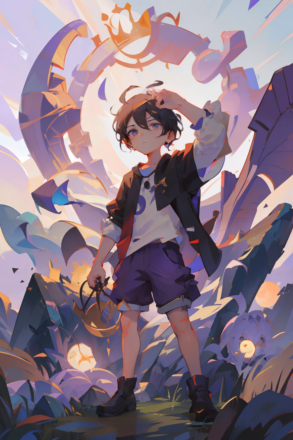 Homens em torno de 20 anos,Holding a curved bow in hand,cabelos de cor preta,A black stone crown floats over his head,Casaco Preto,purple shorts