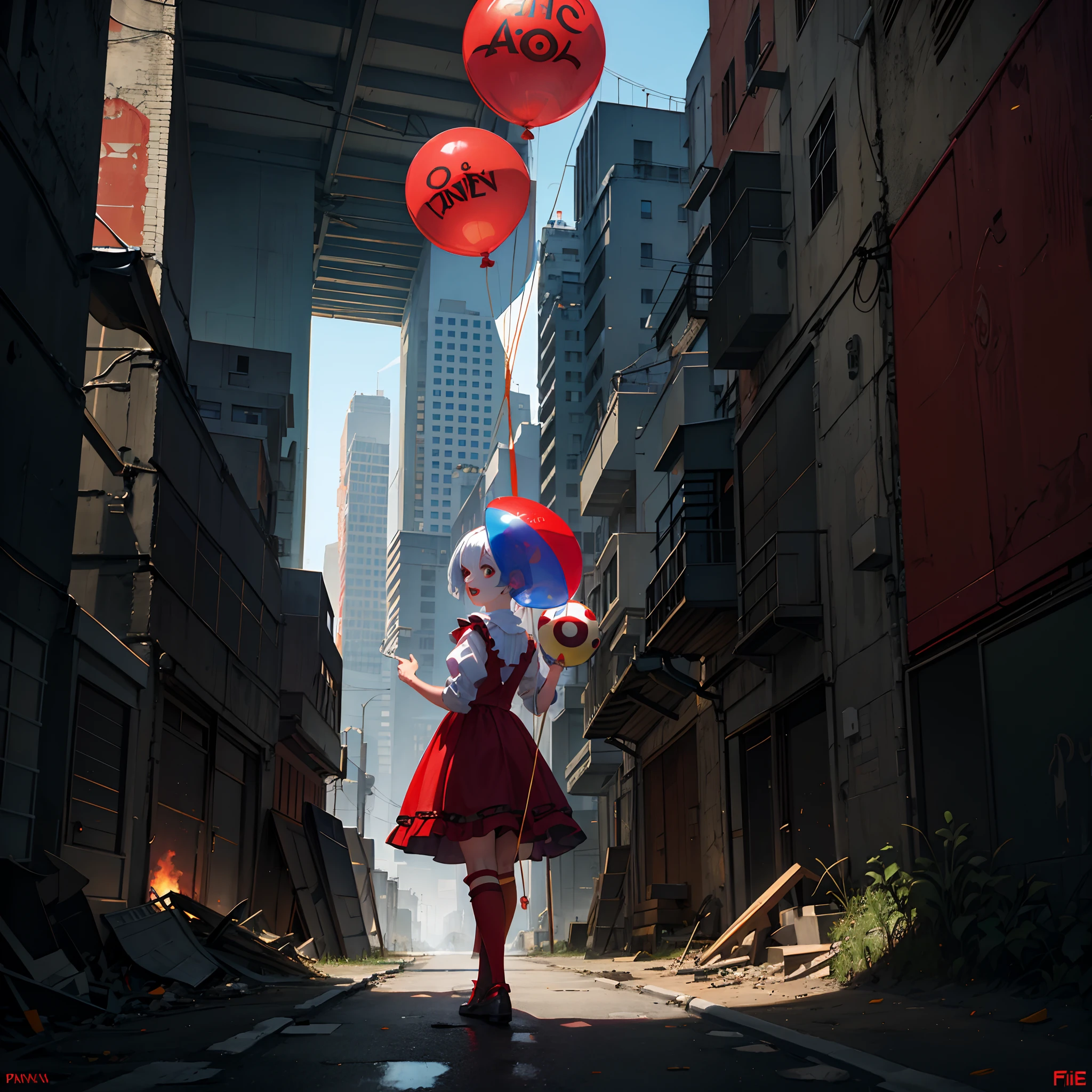 una risa::1.4 Payaso Pennywise con un globo rojo::Dystopian post-apocalyptic background with destroyed buildings::Fixed IT Film::Fotorrealismo