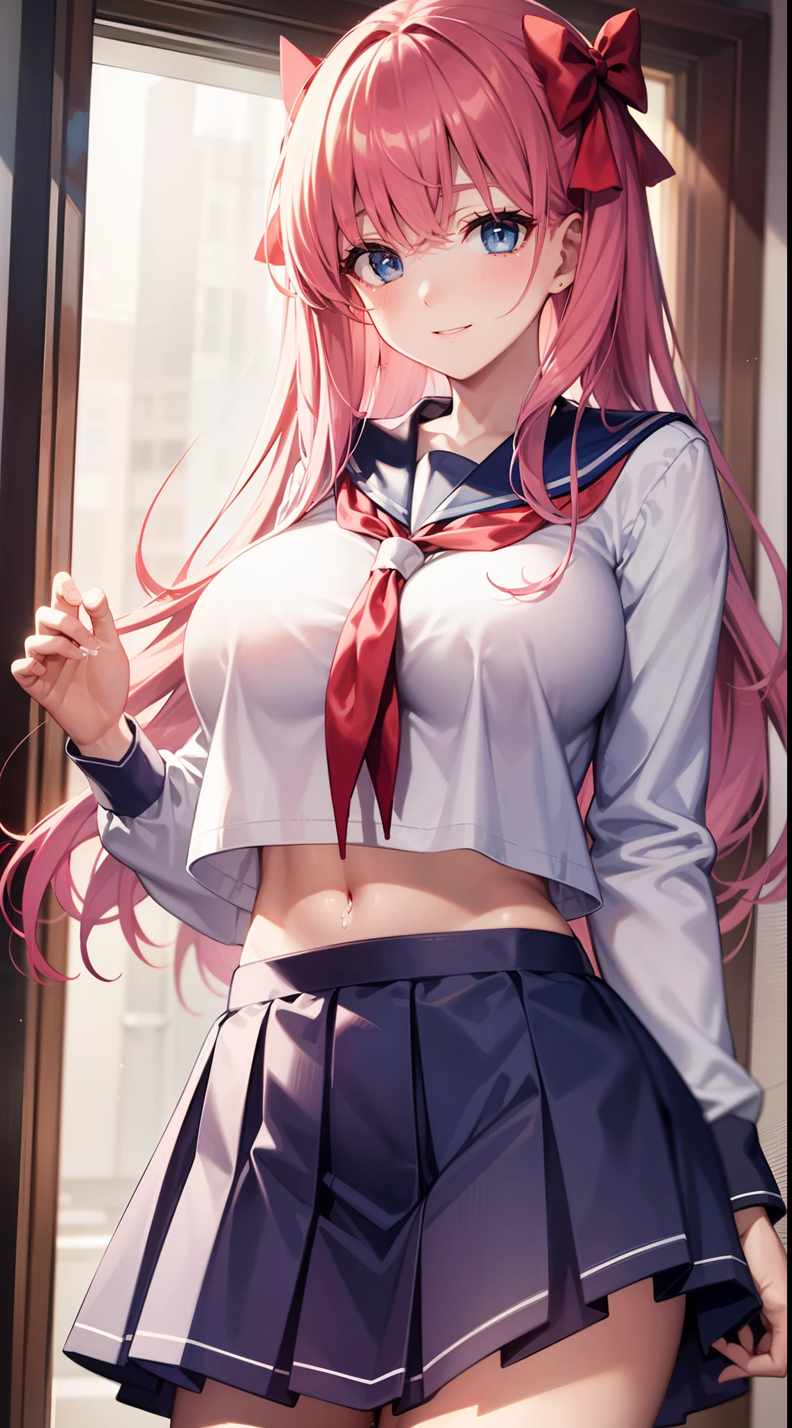 nodokaharamura, Nodoka Haramura, Blue eyes, Hair Bow, Long hair, Pink hair, Bow,
Blake Blue Skirt, Kiyosumi school uniform, Pleated skirt, School uniform, serafuku, Skirt,
BREAK looking at viewer,
Break indoors, crass room,
BREAK (masutepiece:1.2), Best Quality, High resolution, Unity 8k壁纸, (Illustration:0.8), (Beautiful detailed eyes:1.6), extra detailed face, Perfect Lighting, extremely details CG, (Perfect hands, Perfect Anatomy),seductive smile,gigantic breasts,from below,cumdrip,female ejaculation,pussy juice,female masturbation,cum string,excessive cum,revealing clothes,zettai ryouiki,crop top,navel,