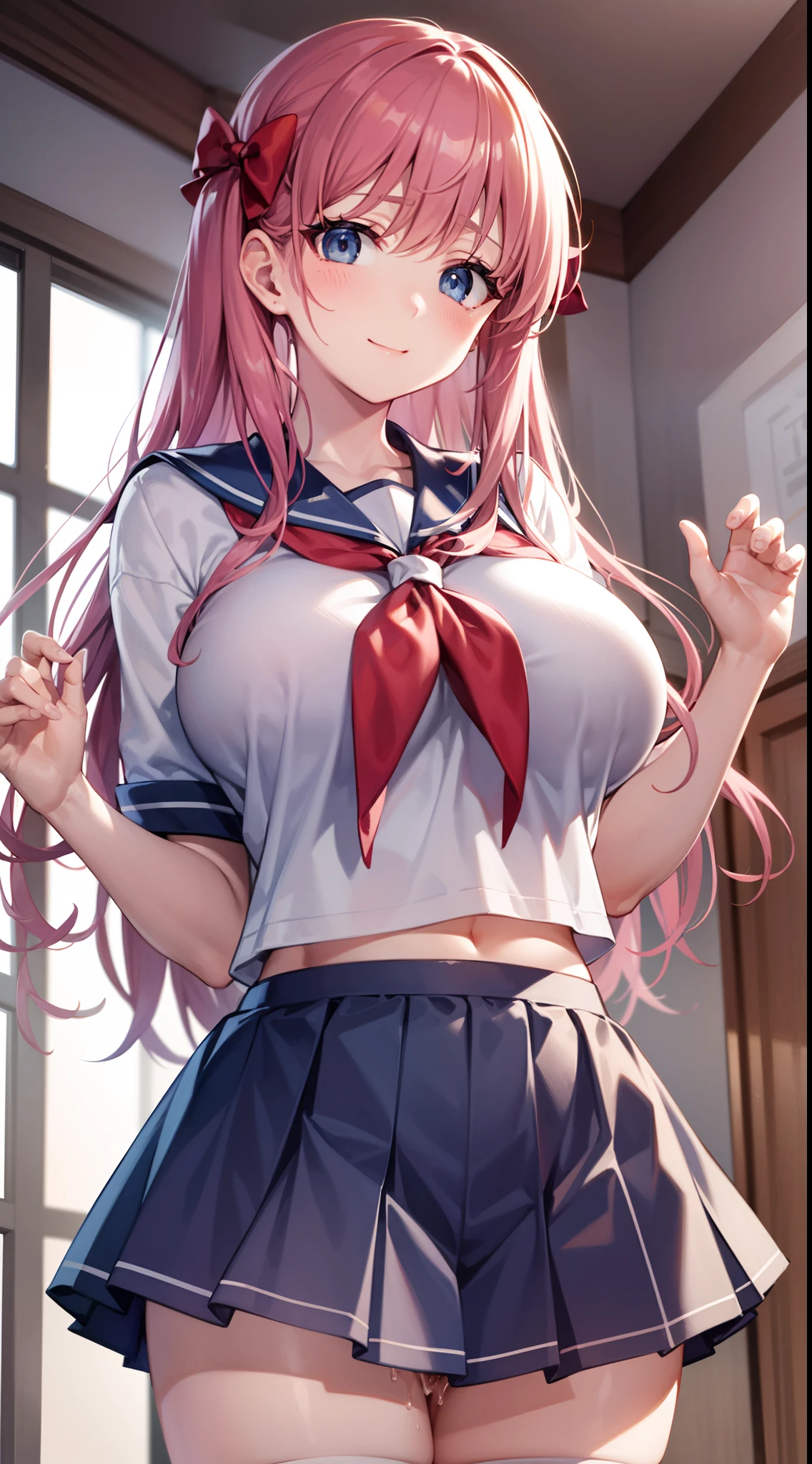 nodokaharamura, Nodoka Haramura, Blue eyes, Hair Bow, Long hair, Pink hair, Bow,
Blake Blue Skirt, Kiyosumi school uniform, Pleated skirt, School uniform, serafuku, Skirt,
BREAK looking at viewer,
Break indoors, crass room,
BREAK (masutepiece:1.2), Best Quality, High resolution, Unity 8k壁纸, (Illustration:0.8), (Beautiful detailed eyes:1.6), extra detailed face, Perfect Lighting, extremely details CG, (Perfect hands, Perfect Anatomy),seductive smile,gigantic breasts,from below,cumdrip,female ejaculation,pussy juice,female masturbation,cum string,excessive cum,revealing clothes,zettai ryouiki,crop top,navel,