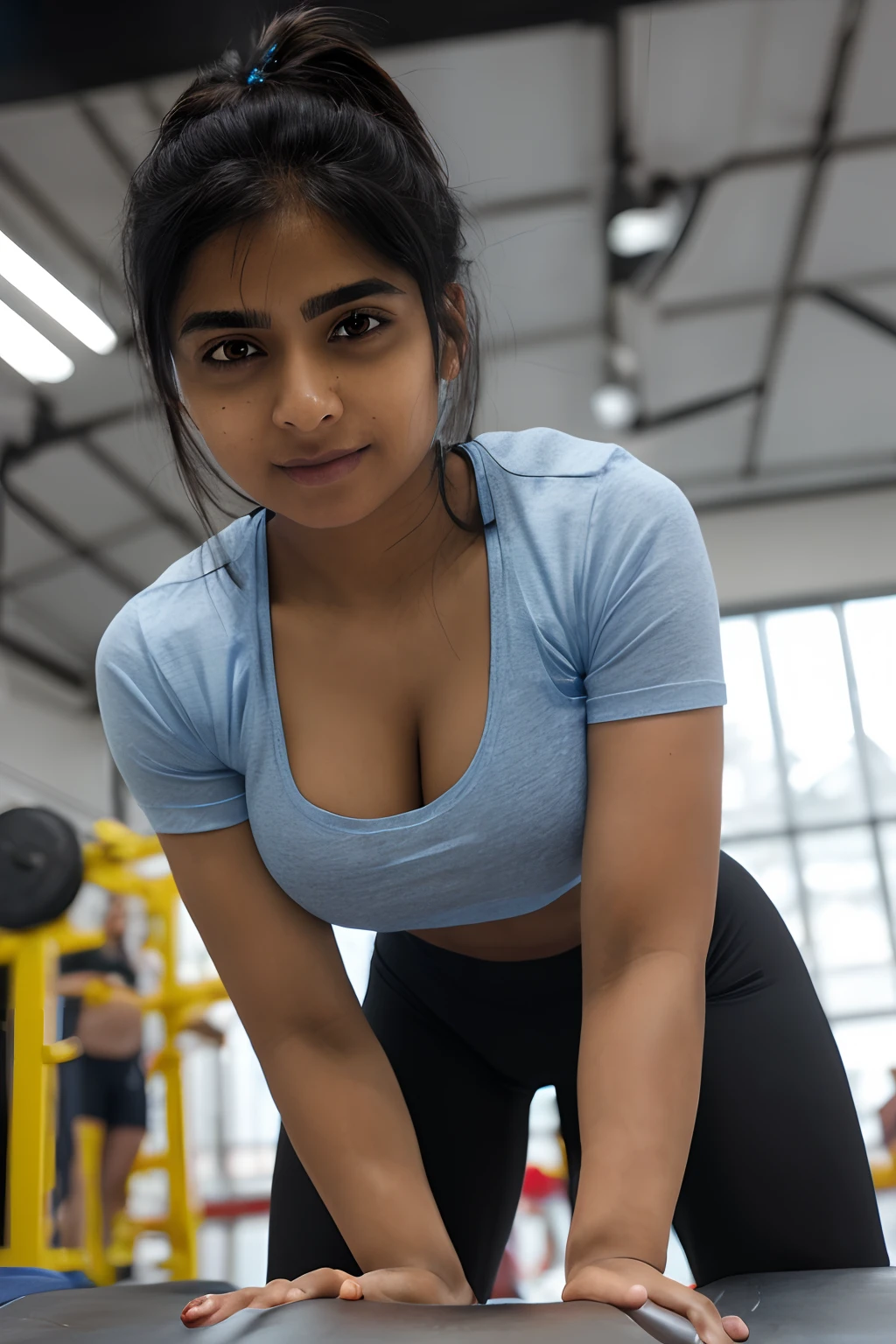 a perfect well-lit selfie (closeup:1.15) (medium shot portrait:0.6) photograph of a beautiful indian woman doing bench press in a gym, big breast, wearing a transparent see through tshirt and leggings, black hair, camera from top, cleavage visible, her white Brasserie shape visible under her tshirt, looking at me, coy slight smile