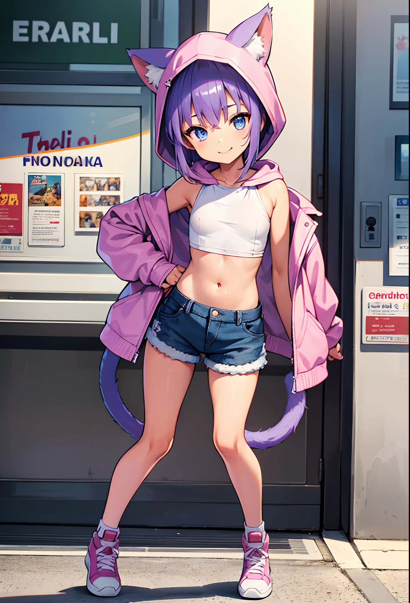 1 girl, young, tanned skin, blue eyes, purple hair, spiky short hair, cat tail, pink Jacket with hood on head with cat ears, open clothes, blue sleeveless top, shorts, lilac sneakers, detailed body, detailed face, detailed eyes, glistering body, shiny body, skinny, high quality, masterpiece, small breasts, forest, smiled, Happy face, full body, street, Barcelona, clear Sky, li, smirl,