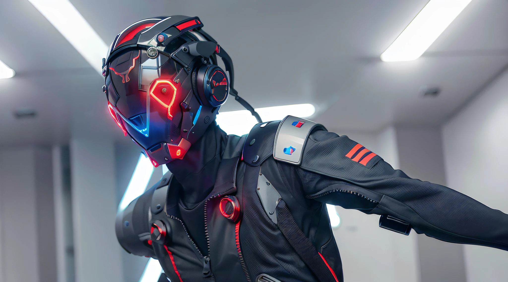 masterpiece, best quality, a close up of a futuristic looking cyborg man with a fantastic cyber helmet head with red and blue triangle led lights and a halo, full body, dancing. dance. synthwave ballad. silver pants. wearing a red and blue techwear jacket, white background. jump, full body, robotic legs.