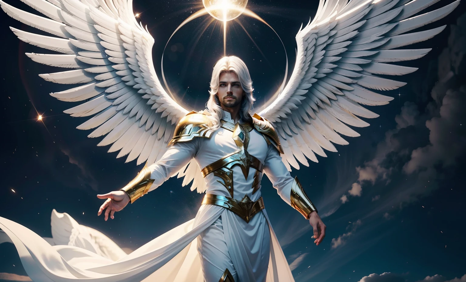 Descreva detalhadamente a figura de um homem, Archangel with angelic features turned completely to the left. Include information about your appearance, como o cabelo branco, longo e liso, as asas brancas e angelicais em suas costas, bem como sua beleza extremamente marcante, encanto, elegance and the angelic sensation that emanates from it. Imagine in a scenario with a white background (fundo branco), banhado por uma luz radiante (luz radiante), e explore como esses elementos se combinam para criar uma imagem cativante e celestial. (Homem)