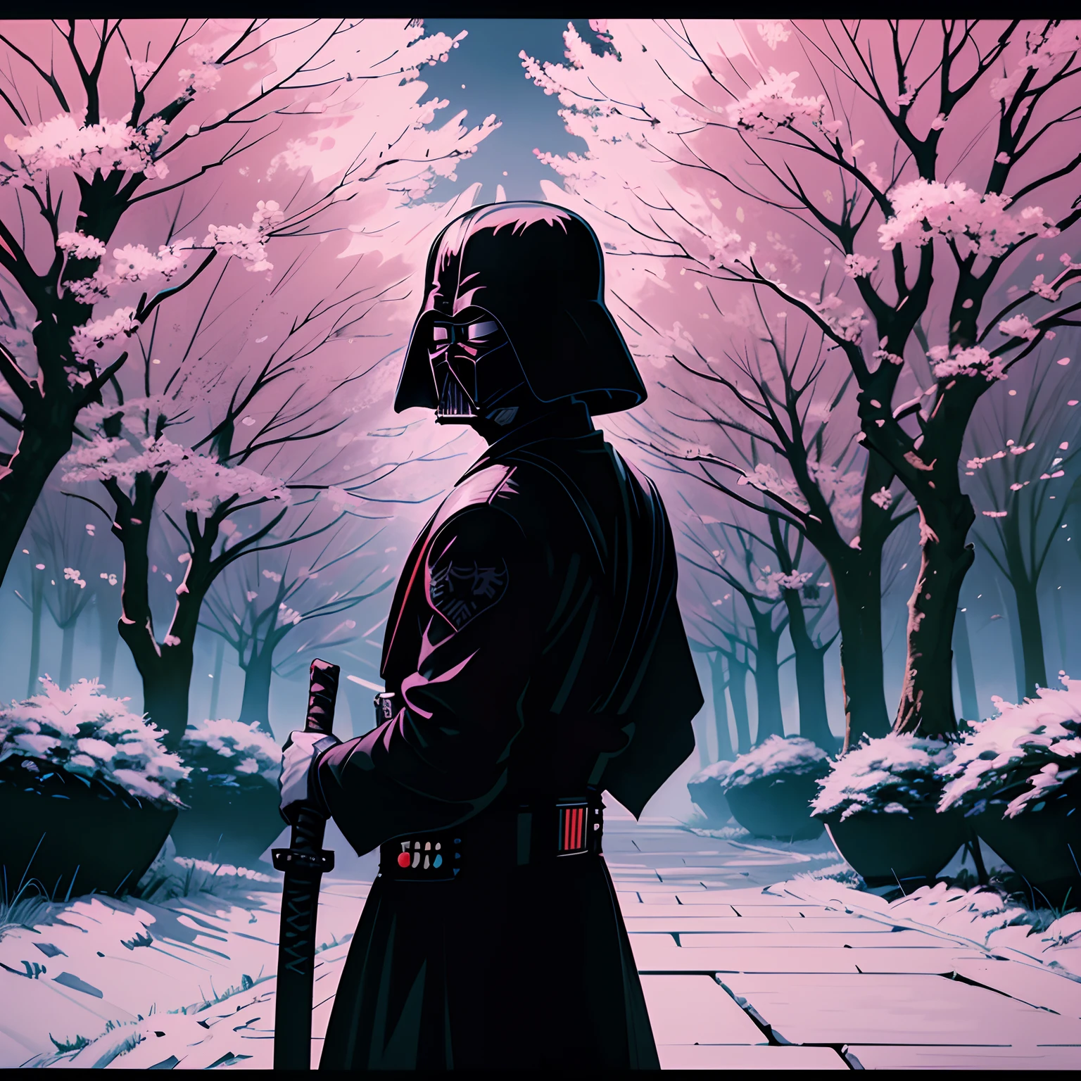 Japonesa samurai warrior, Darth Vader (star Wars), cinemactic, Hyper resolution, Comic, Dark shadows, 8k, katana to use, Combat pose with back, looking at the viewer, Soft contrast, 4k, Samurai scenery with Sakura tree,Sekiro kun.