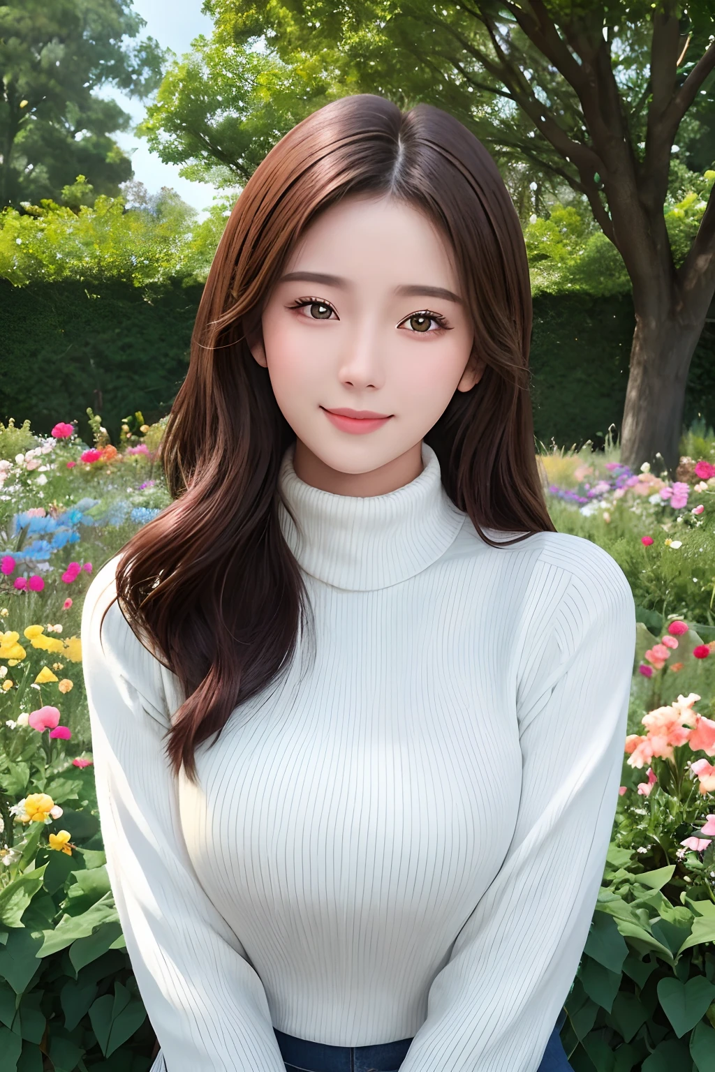 masterpiece,DSLR photo,analog style,nikon d5,real photo,a photo of a beautiful 20 year old woman,dramatic lighting (85mm),with Blooming garden in the background,(detailed facial features),(detailed shiny eyes),dynamic angle,Michelangelo style,long hair,turtleneck sweater,smiling face:1.4,