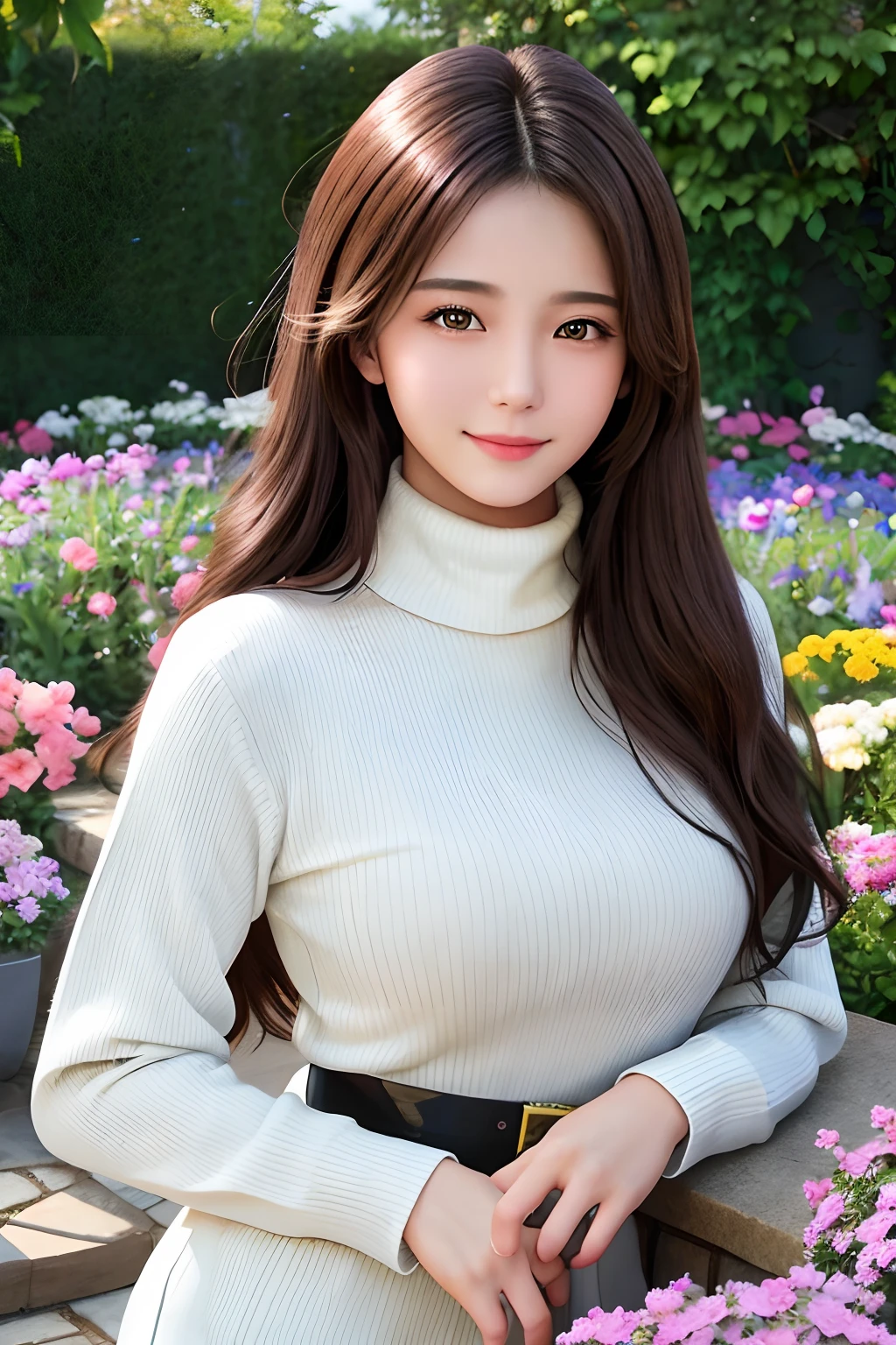 masterpiece,DSLR photo,analog style,nikon d5,real photo,a photo of a beautiful 20 year old woman,dramatic lighting (85mm),with Blooming garden in the background,(detailed facial features),(detailed shiny eyes),dynamic angle,Michelangelo style,long hair,turtleneck sweater,smiling face:1.4,