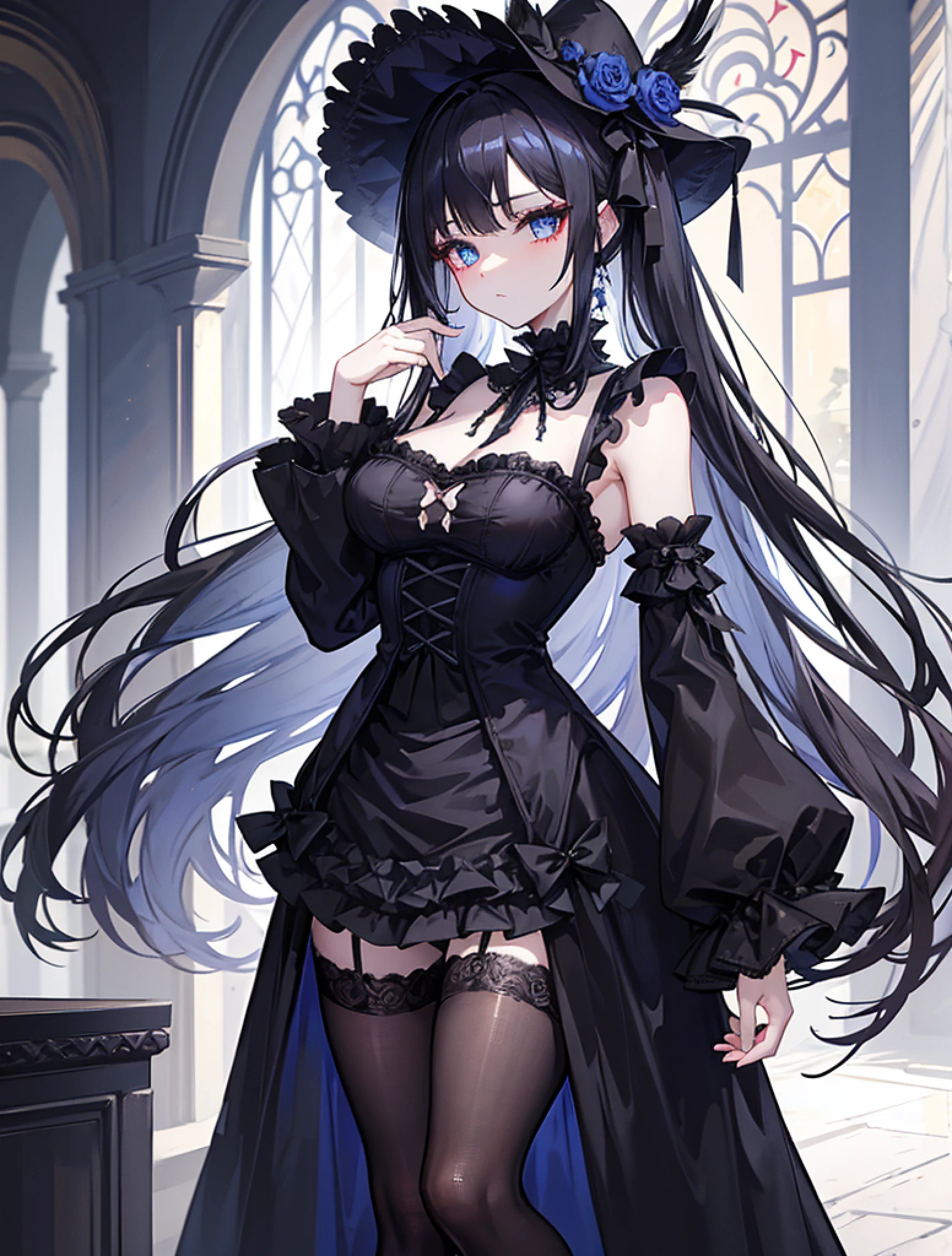 Lilith has jet-black hair with intricate, ribbon-adorned ringlets that cascade down her back. Her striking blue eyes are highlighted with dark eyeliner and mascara, adding to her mysterious allure. Her skin is porcelain pale.
Costume: She adorns herself in a frilly, Victorian-inspired Gothic ta dress with layers of black lace and silk. Her dress features a corseted bodice and a voluminous skirt. She pairs it with knee-high lace stockings, black Mary Jane shoes, and a wide-brimmed hat adorned with black feathers.