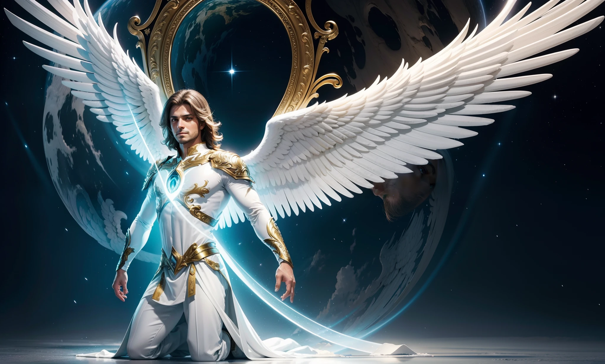 Descreva detalhadamente a figura de um homem, Archangel with angelic features turned completely to the left. Include information about your appearance, como o cabelo branco, longo e liso, as asas brancas e angelicais em suas costas, bem como sua beleza extremamente marcante, encanto, elegance and the angelic sensation that emanates from it. Imagine in a scenario with a white background (fundo branco), banhado por uma luz radiante (luz radiante), e explore como esses elementos se combinam para criar uma imagem cativante e celestial. (Homem)