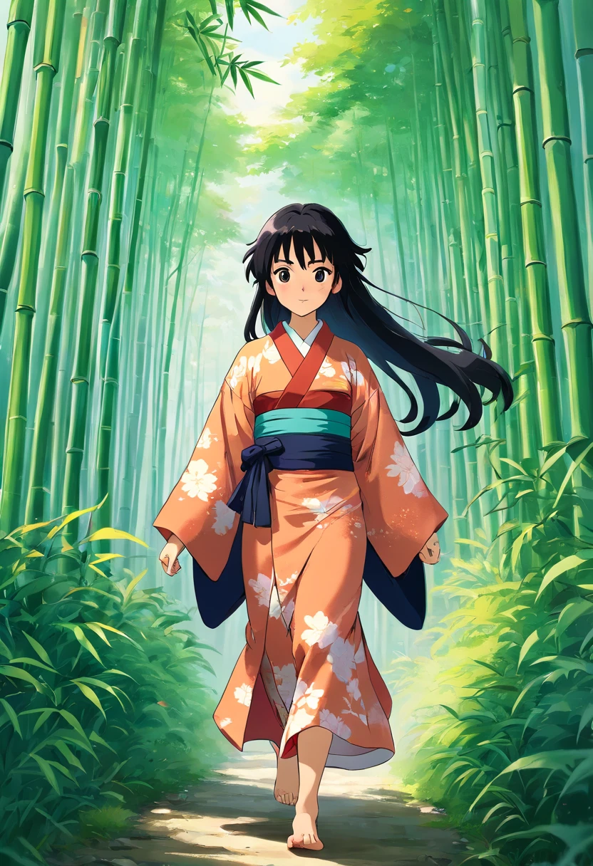 (8k Resolution), (8k,UHD),High Res, Intricate Artwork, girl in a kimono with long black streaked hair, walking in bamboo forest, heading toward a small village, clouds, daylight, wind, birds, background is serene