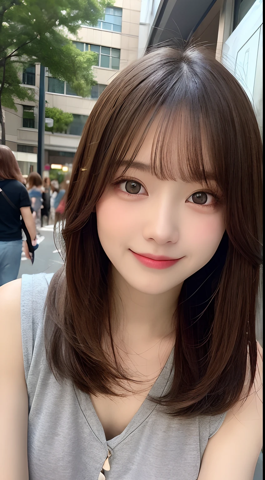 hight resolution, top-quality, Perfect dynamic composition, Beautiful detailed eyes, skirt by the、Tank tops、Radiant hair、Medium Hair, Natural Color Lip, college aged、Harajuku、A slight smil、full bodyesbian、1人の女性、