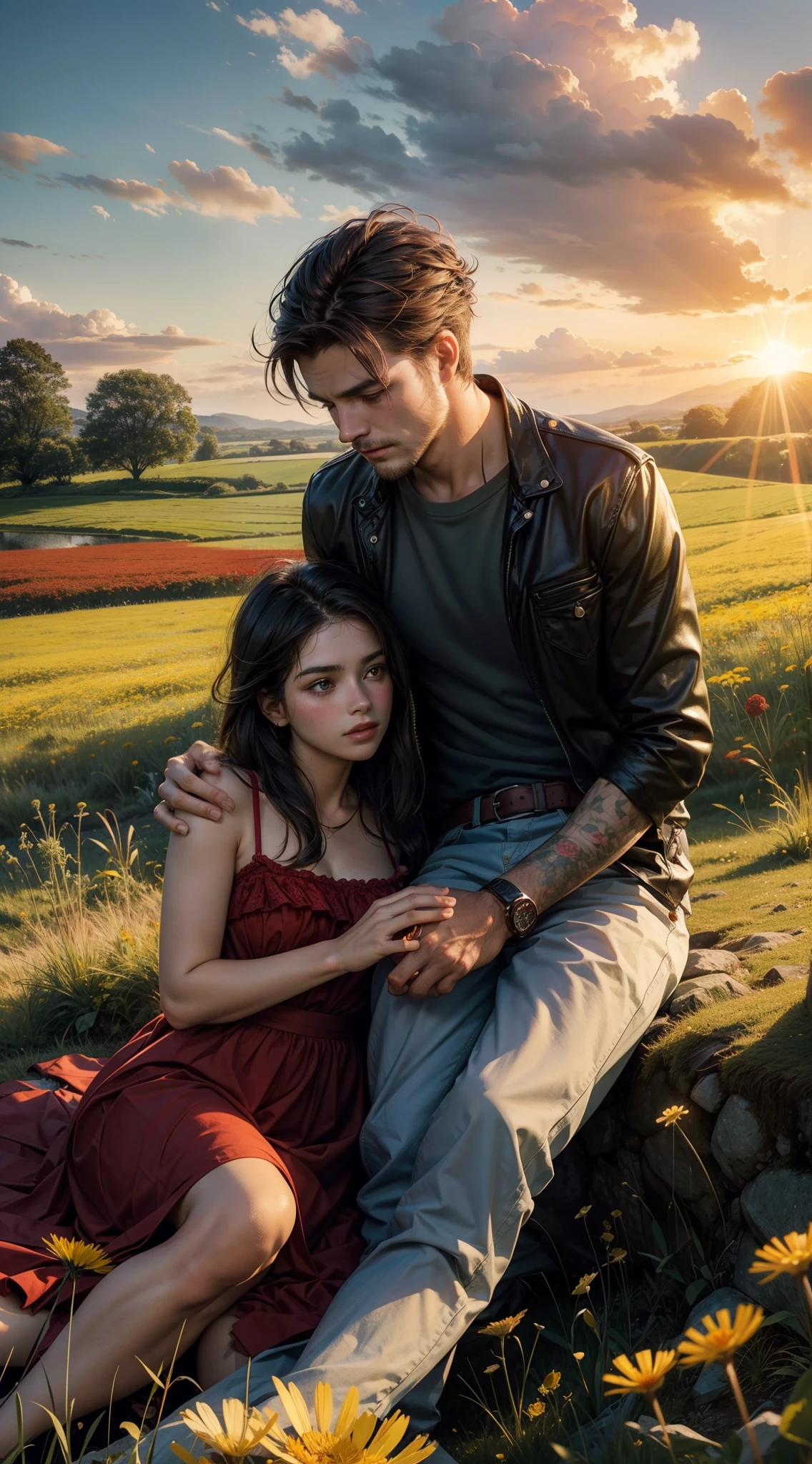 A man and a woman are sitting on a meadow of red flowers, sun sunset, Irish Man, Campo florescente, Dandelion floating in the wind, estilo romance, homem e mulher, flores vermelhas, homem ruivo, dandelion flying