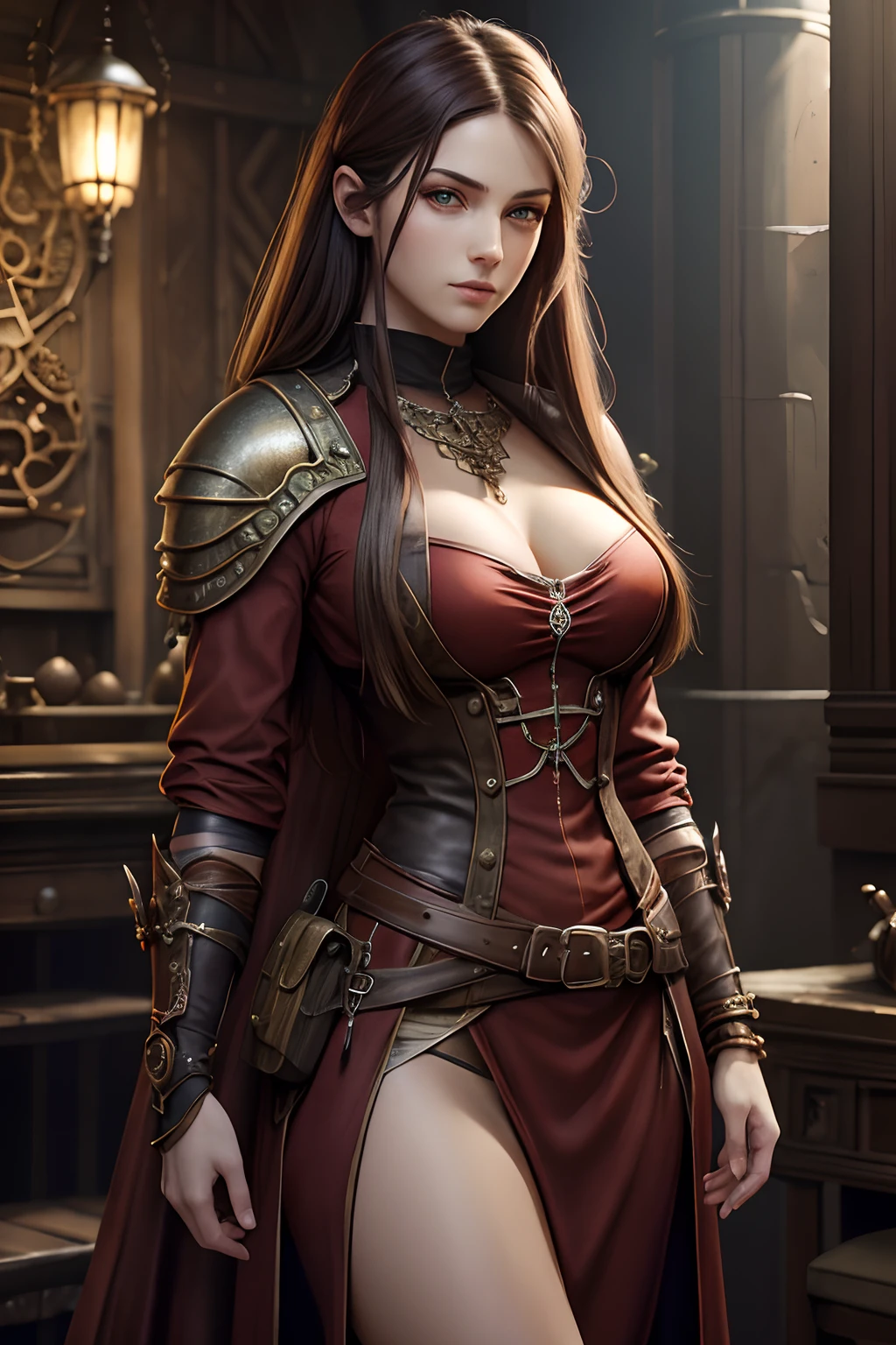 realistic rendering, Dungeons and Dragons, Fantasy, octane rendering, zbrush. Character design, photorealistic, unreal mechanism, hyperdetailed, concept art, trend in art season. ((best quality)), ((masterpiece)), ((realistic)), (detailed), beautiful girl, in steampunk clothes, in the middle of a steampunk city, glowing red eyes, slim and muscular body, full body , silky red long hair, silky pale skin,