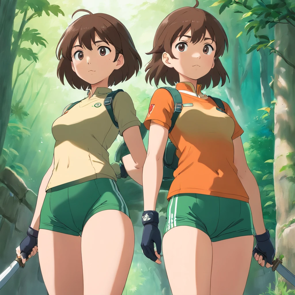 Two lightly armed beautiful girl soldiers wearing compression shorts. Anime style. Small breasts.