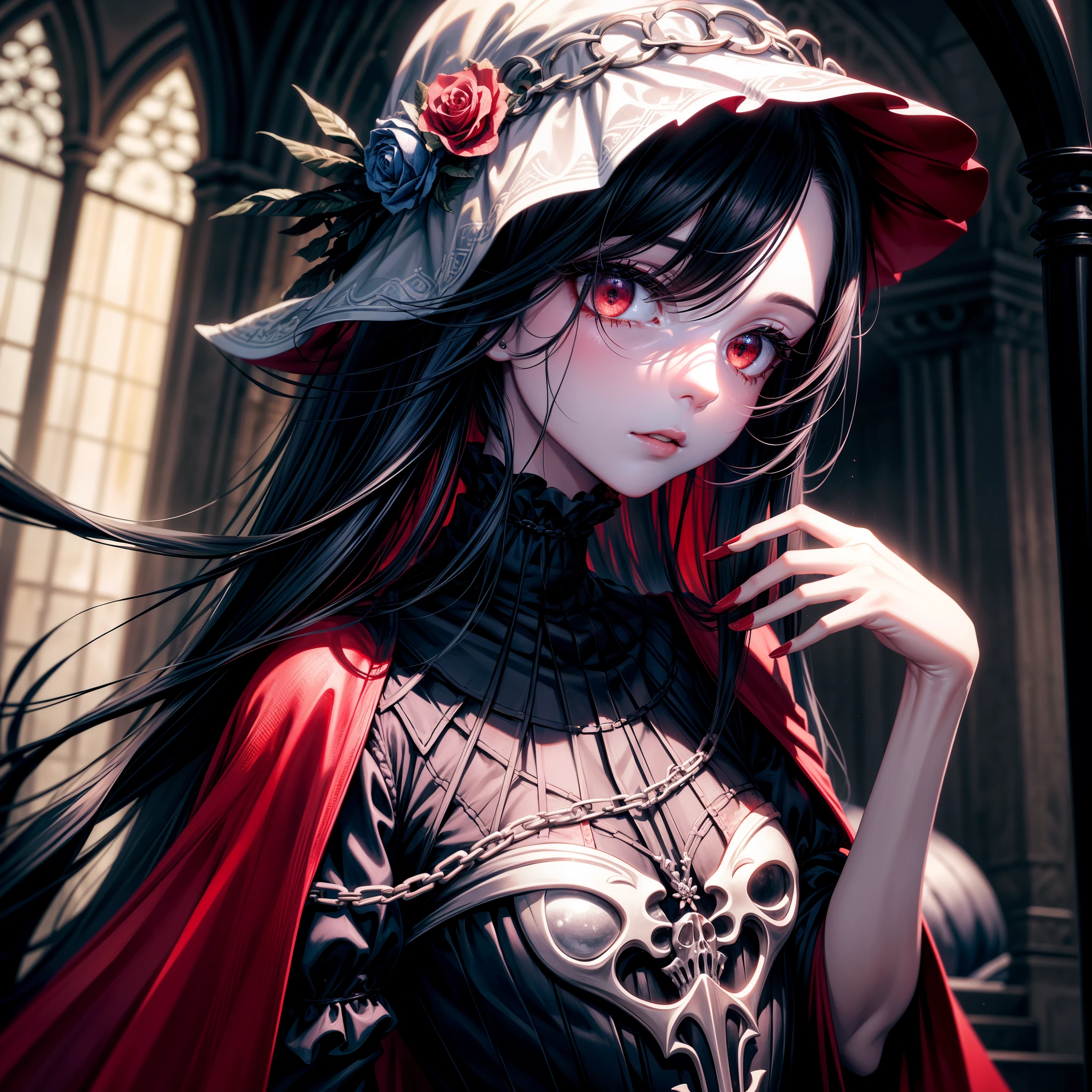 melhor qualidade,Estilo escuro de alto brilho,Uma obra-prima do suspense,Desenho preto-branco-cinza,Luar sangrento,The Skeleton Man is back,Embrace the sky with open hands,The floor was covered in blood,Death is near,O fim de Londres,Belfry with chain,Capa vermelha de sangue,head portrait,olhos de cor vermelha,pungente,Estilo anime,Rosa da flor,Gothic girl with long black hair。