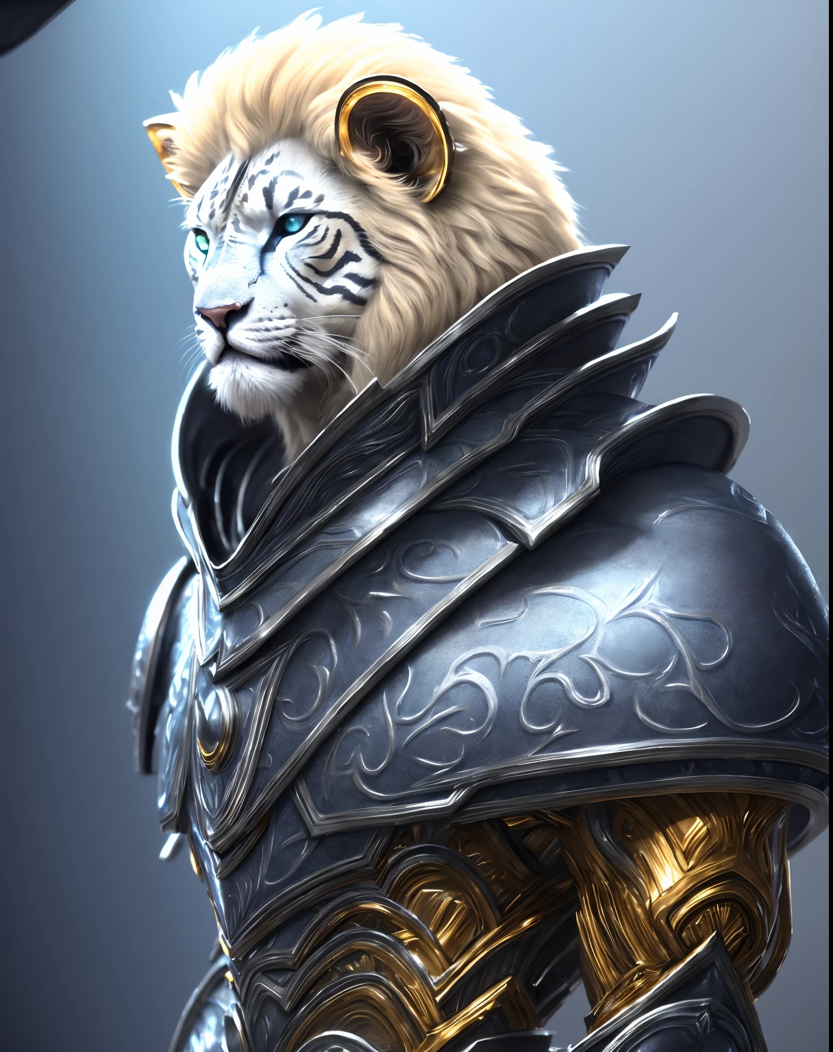 a white Feline Lion Alien Race matte portrait highly detailed::2, intimidating expressions, intricate design, Gold and blue armor, sharp focus, trending on artstation, cgscociety, rendering by octane, unreal engine 5, 16k resolution, 8k, by Vogue