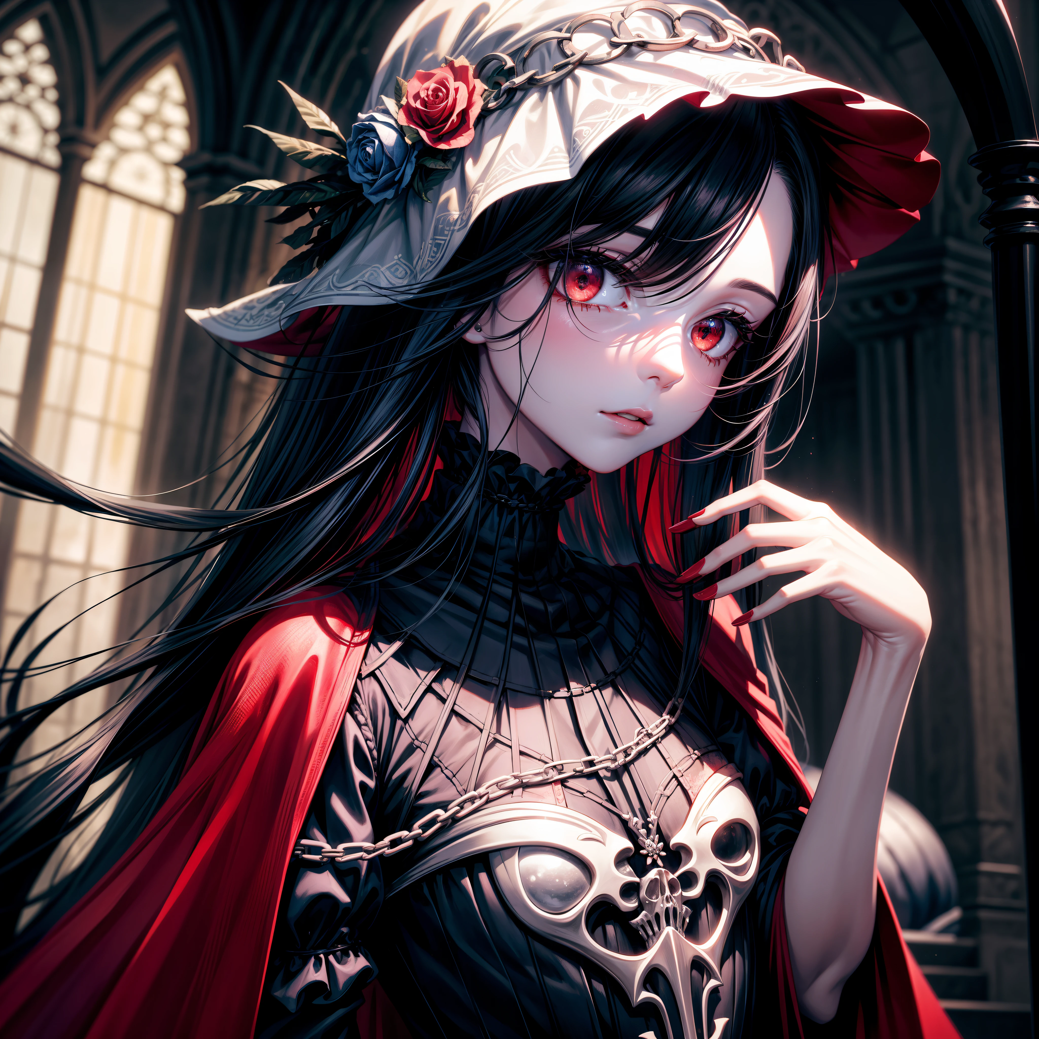 Best quality、tmasterpiece、A high resolution、1girl、Porcelain dress,Holding a mask of terror in his hand,Red glowing eyes,and there is blood on the corners of your mouth,Deep and scary dark background,Old castle
