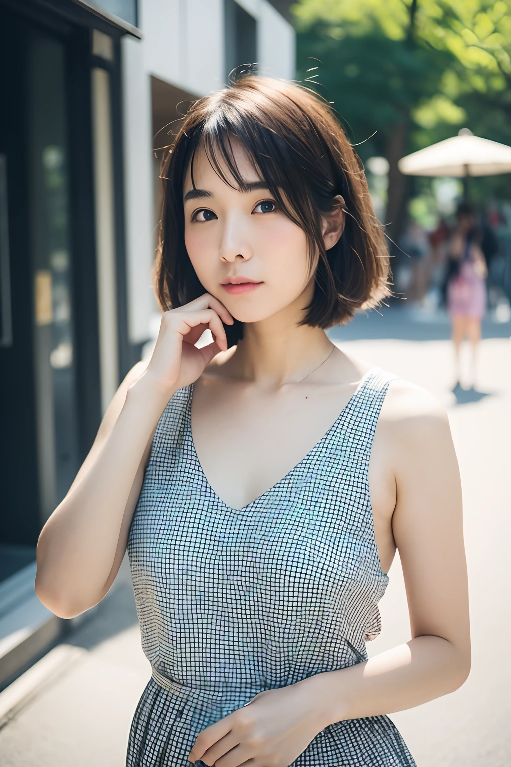 (top-quality、​masterpiece)Japan 30-year-old women、Perfect face proportions、Perfect body ratio、Professional Light、5mm lens、photographed on a Fujifilm XT3、Shot by a professional street photographer、Full body portrait、Scenery during a date、high-definition picture、Feel the summer、short-cut、Sleeveless hemp dress、Looking at the camera