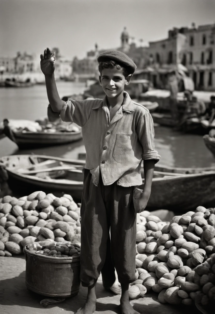 an old black and white photo of a poor white boy stand up holding box of nuts and selling nuts and waving with his hands in algeria boat port waving with his hand, dirty clouths ,1948, real-life photograph, french architecture, provia, security agent, vignette, small of people, real, large frame