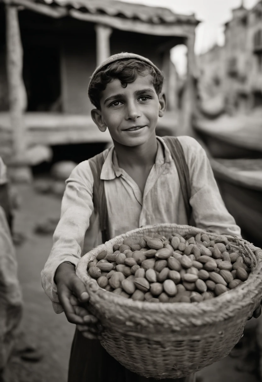 an old black and white photo of a poor white boy stand up holding box of nuts and selling nuts and waving with his hands in algeria boat port waving with his hand, dirty clouths ,1948, real-life photograph, french architecture, provia, security agent, vignette, small of people, real, large frame