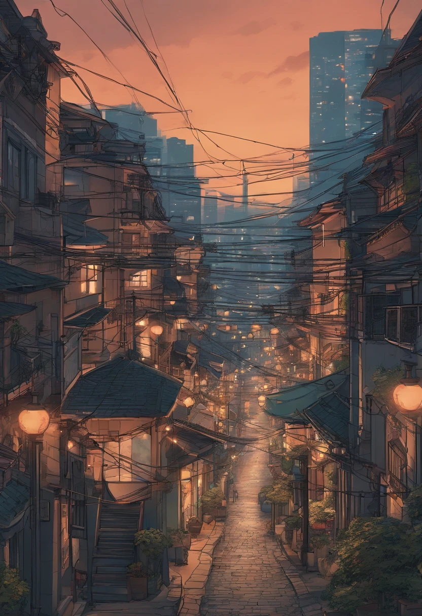 illustration of a street with a lot of buildings and a lot of wires, anime style cityscape, tokyo anime scene, anime style 4 k, inspired by Josan Gonzalez, anime art wallpaper 4k, anime background art, anime art wallpaper 4 k, inspired by Liam Wong, japanese street, dreamy chinese town, hd anime cityscape, tokyo - esque town