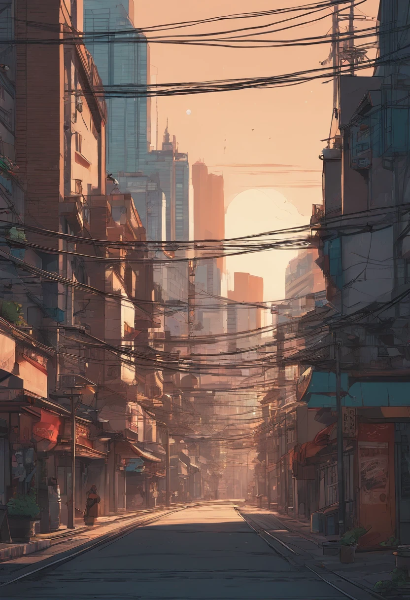illustration of a street with a lot of buildings and a lot of wires, anime style cityscape, tokyo anime scene, anime style 4 k, inspired by Josan Gonzalez, anime art wallpaper 4k, anime background art, anime art wallpaper 4 k, inspired by Liam Wong, japanese street, dreamy chinese town, hd anime cityscape, tokyo - esque town