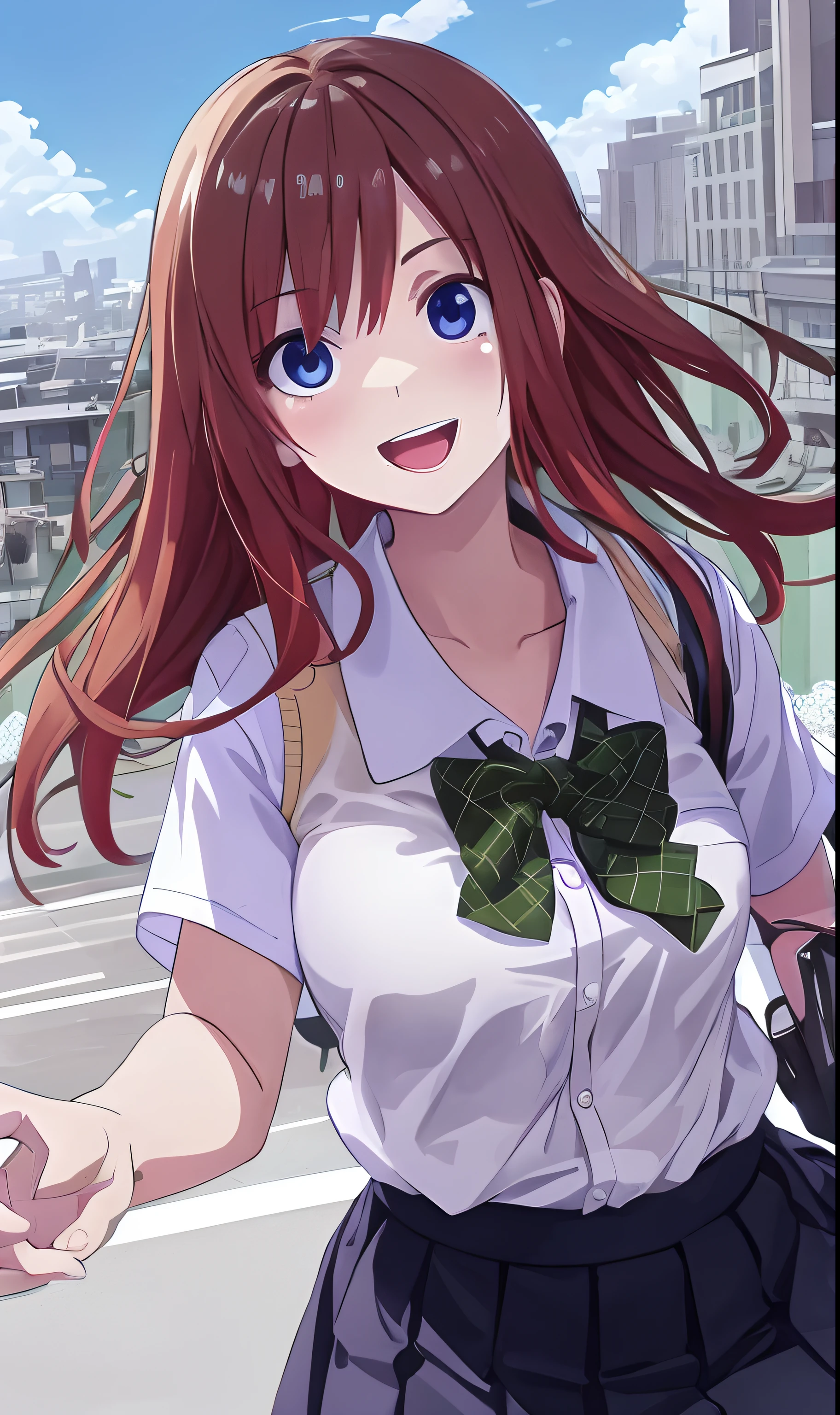 superfine illustration, very detailed beautiful face and eyes, Dynamic Angle, Reflect the upper body, Happy expression, Running, School uniform, Short sleeve shirt, On the roof of a building