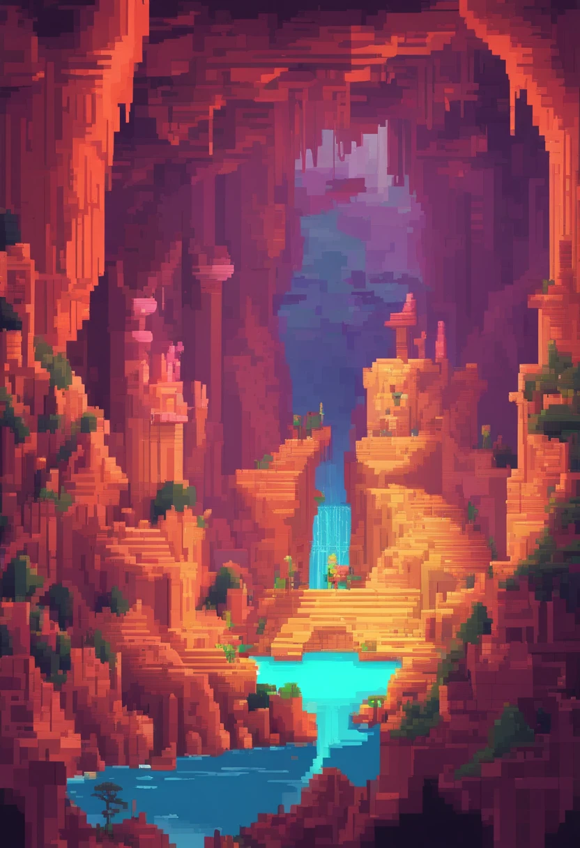 pixel art caves. Morning. 3D pixel art 4K wallpaper. Incredible pixel art detail. Pixel art. Detailed Unreal Engine pixel art