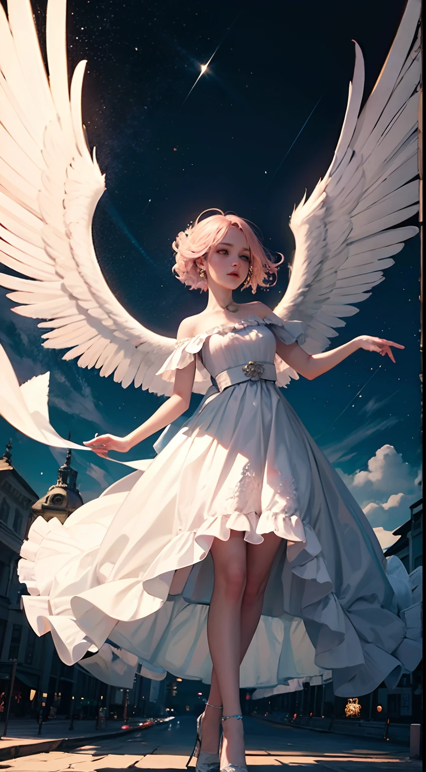asas de anjo ，Cabelo rosa ，roupa de anjo luta, angelic scenario, com vestido longo branco ,Unity 8K papel de parede、ultra-detalhada、obra prima、qualidade superior、