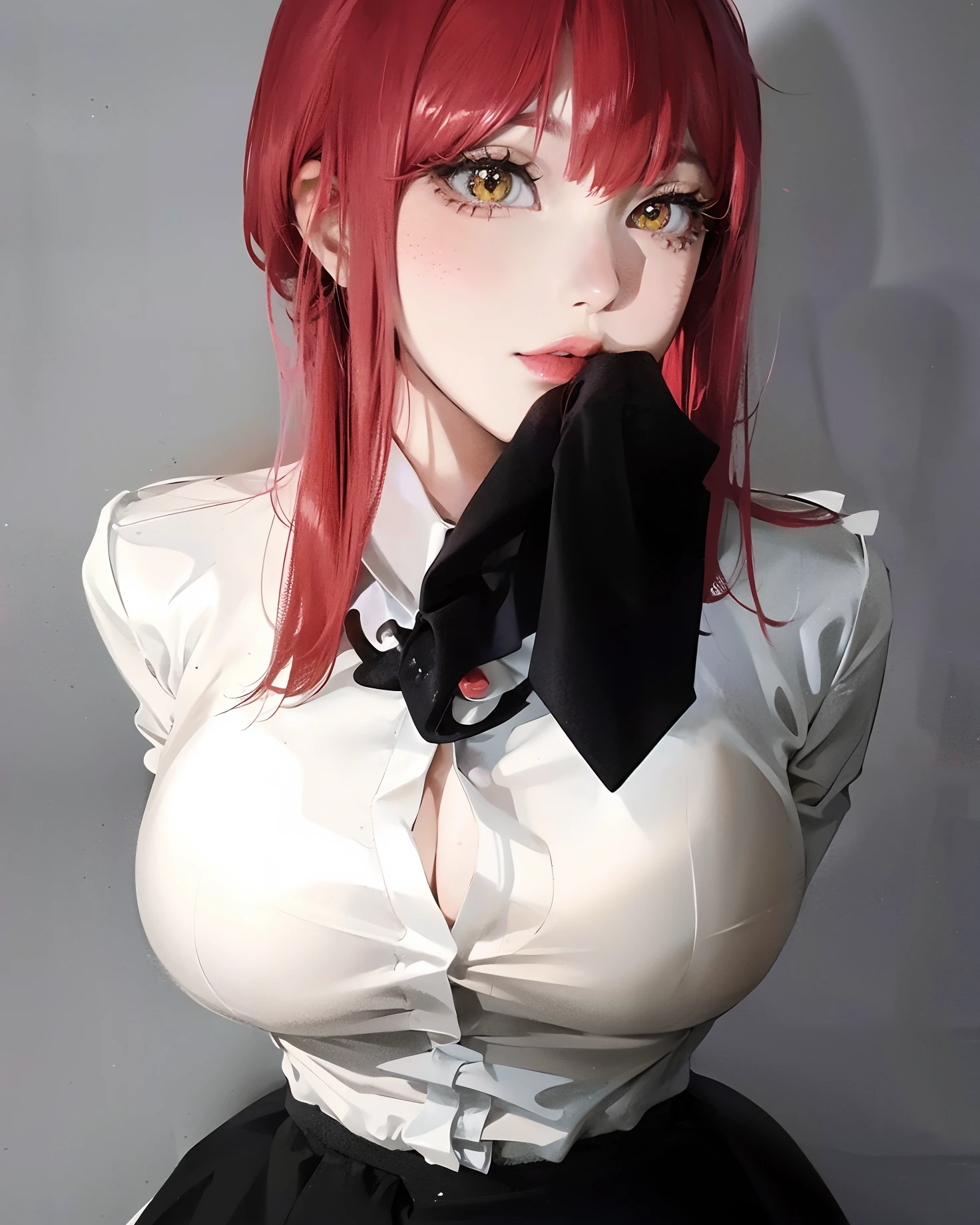 There's a woman with red hair and a black bow tie, Menina anime na vida real, cosplay realista, Erza Scarlet como uma pessoa real, 1 7 - year - old anime goth girl, como um personagem de anime, Anime Garota Cosplay, anime hiper realista, cosplay completo, ela tem cabelos ruivos, olhar assustador, cosplay profissional, com olhos vermelhos brilhantes