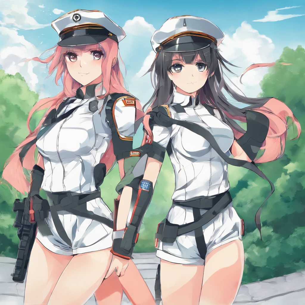 Two lightly armed beautiful girl soldiers wearing compression shorts. Anime style. Small breasts.