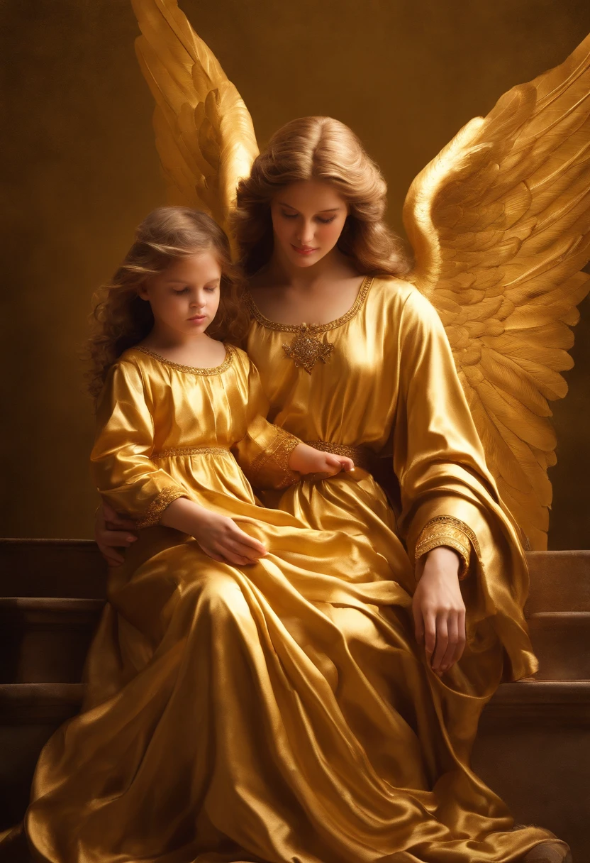 guardian angel in golden robes with child on his lap for digital invitation 4k quality image