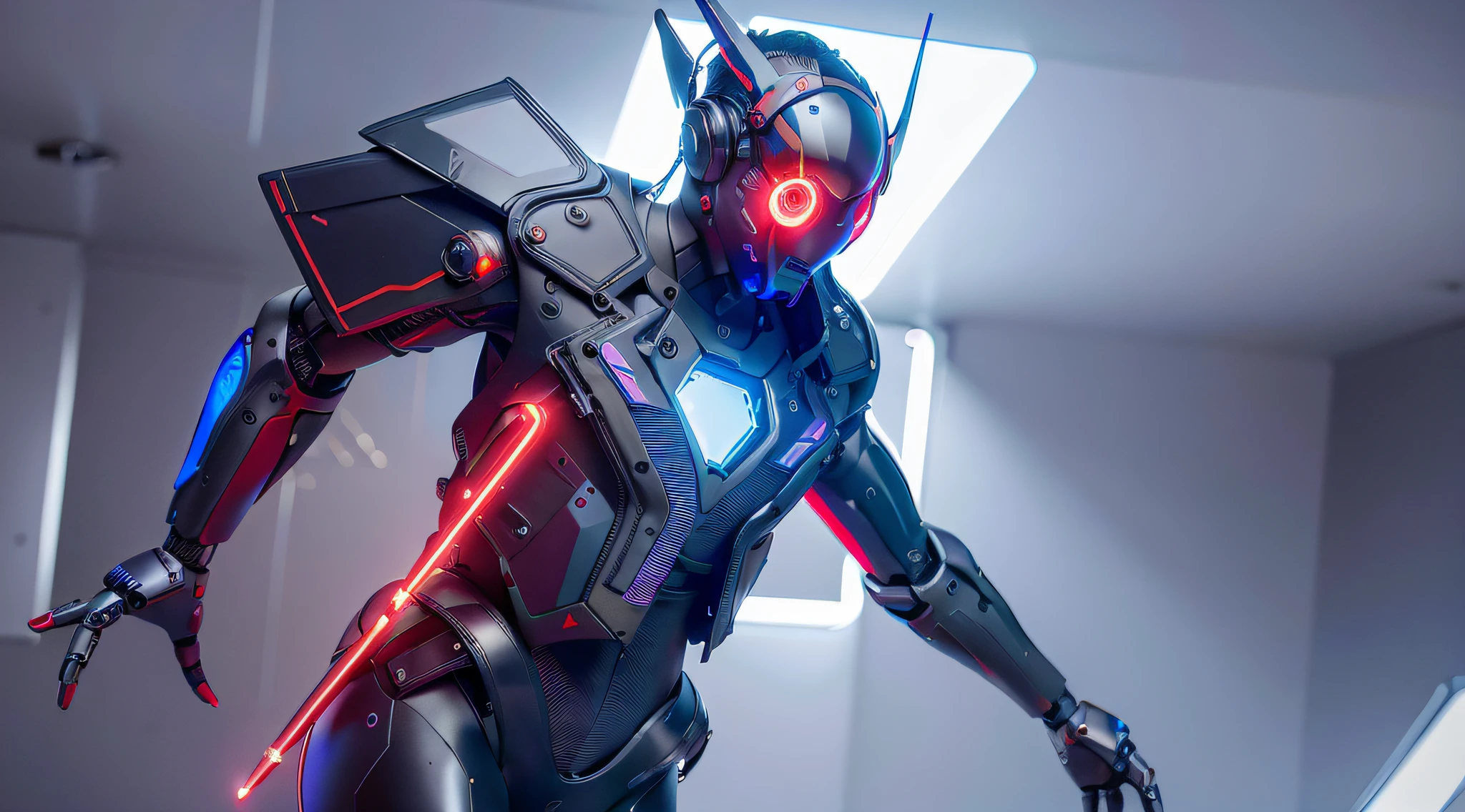 masterpiece, best quality, a close up of a futuristic looking cyborg man with a fantastic cyber helmet head with red and blue triangle led lights and a halo, full body, dancing. dance. synthwave ballad. silver pants. wearing a red and blue techwear jacket, white church background. jump, full body, robotic legs.