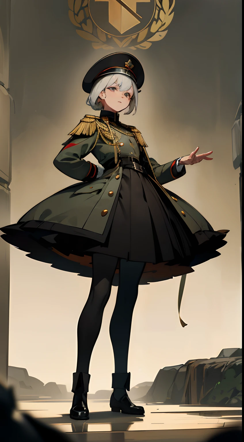 ((uma garotinha))(olhos vermelhos)((peito chato))(cabelos brancos)(uma cavalinha)(Dressed in a German-style military uniform)(Wearing a German military cap)(The temperament is very domineering)(Um sorriso assassino fluiu)(with your hands behind your back)Standing((comunismo))Badges are hung all over the chest(Dressed in an army coat)