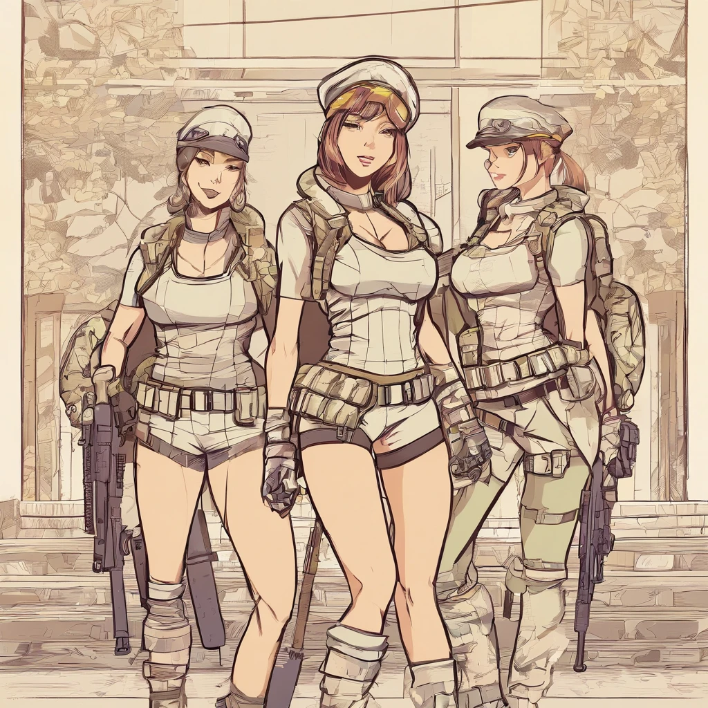 Two lightly armed beautiful girl soldiers wearing compression shorts. Anime style. Small breasts.