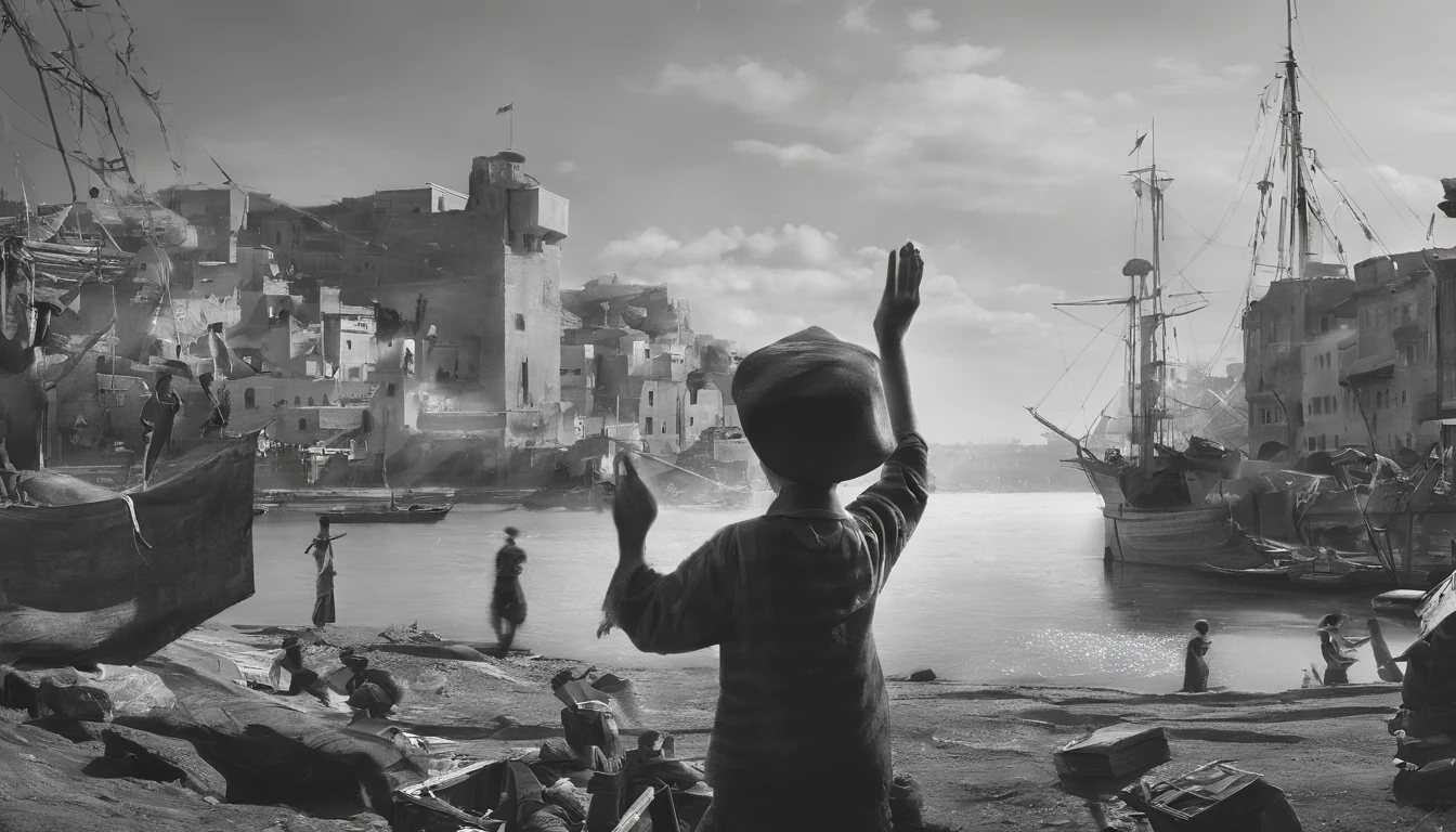 an old black and white photo of a poor white  boy stand up holding box of nuts and selling nuts and waving with his hands in algeria boat port waving with his hand, dirty clouths ,1948, real-life photograph, french architecture, provia, security agent, vignette, small of people, real, large frame